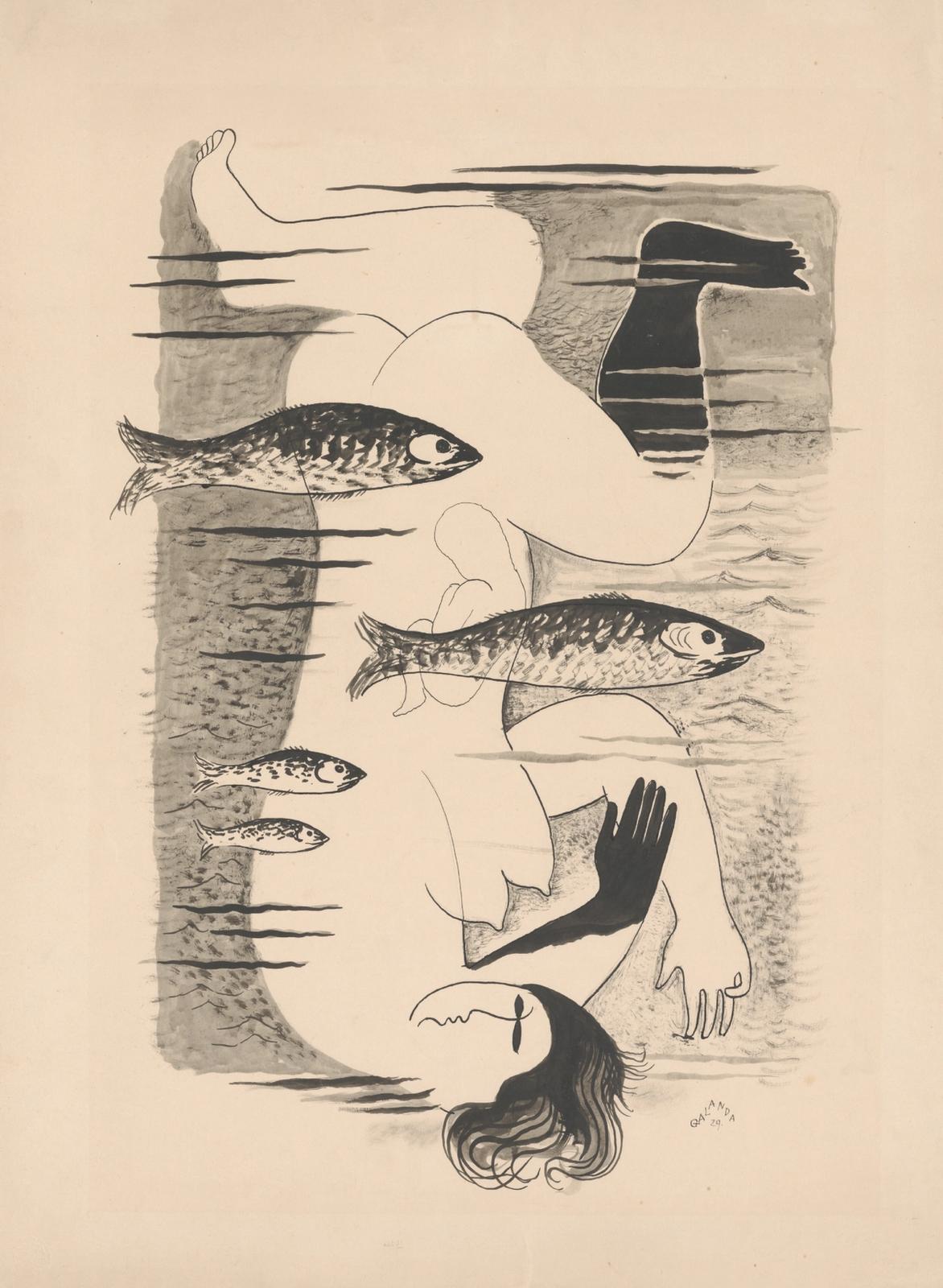 Surreal lithograph showing nude figures floating with fish in water, rendered in black and gray tones