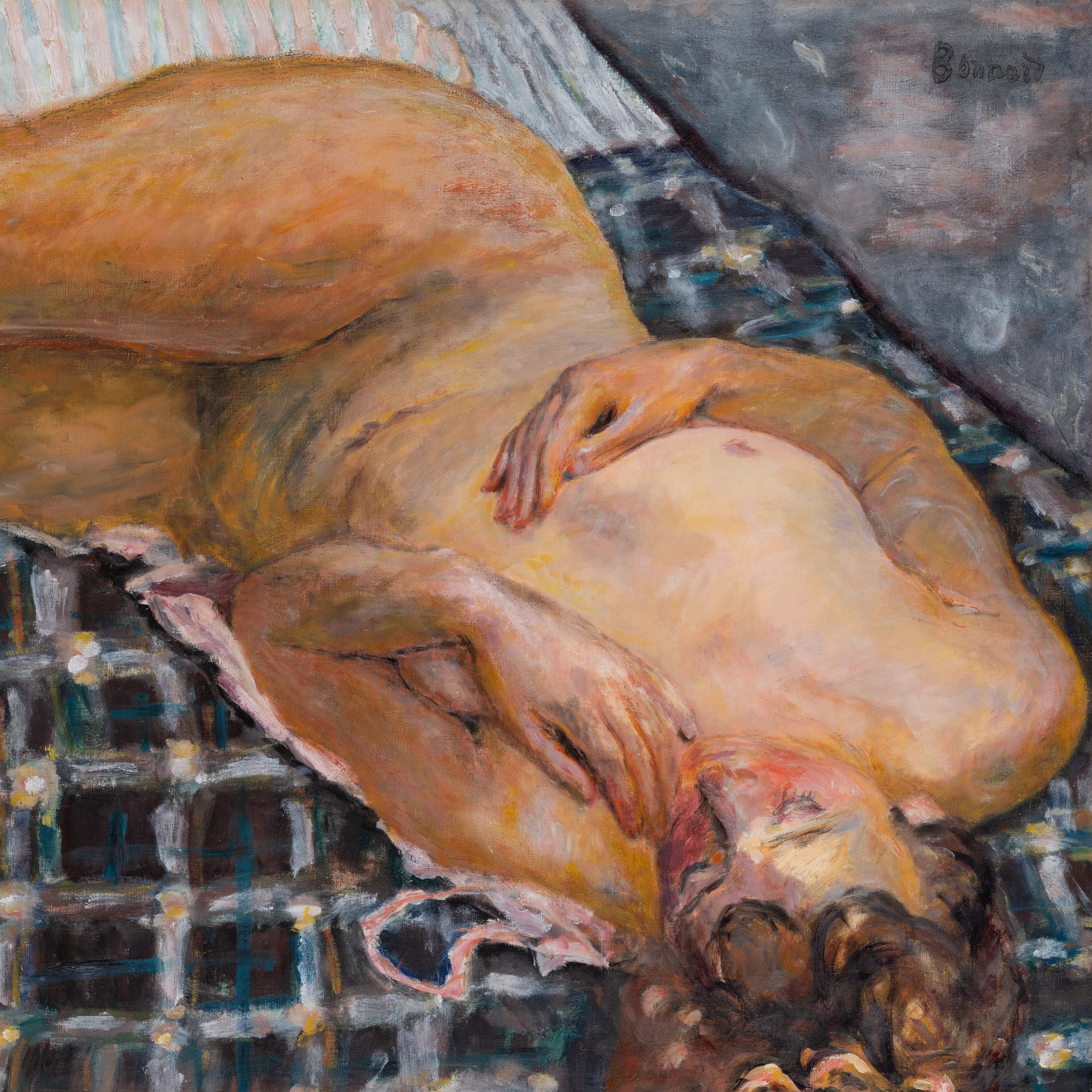 Reclining Nude Against a White and Blue Plaid