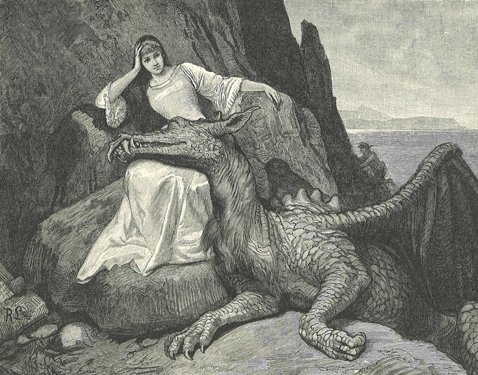 Victorian engraving of woman in white robes reclining against large dragon in rocky cave setting