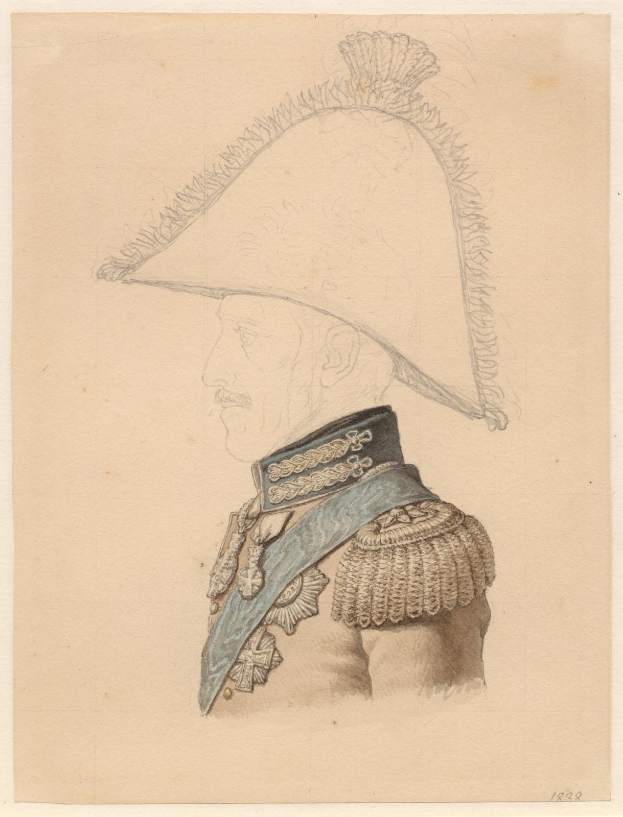 Pencil and watercolor portrait of military officer in profile wearing plumed helmet and decorated uniform
