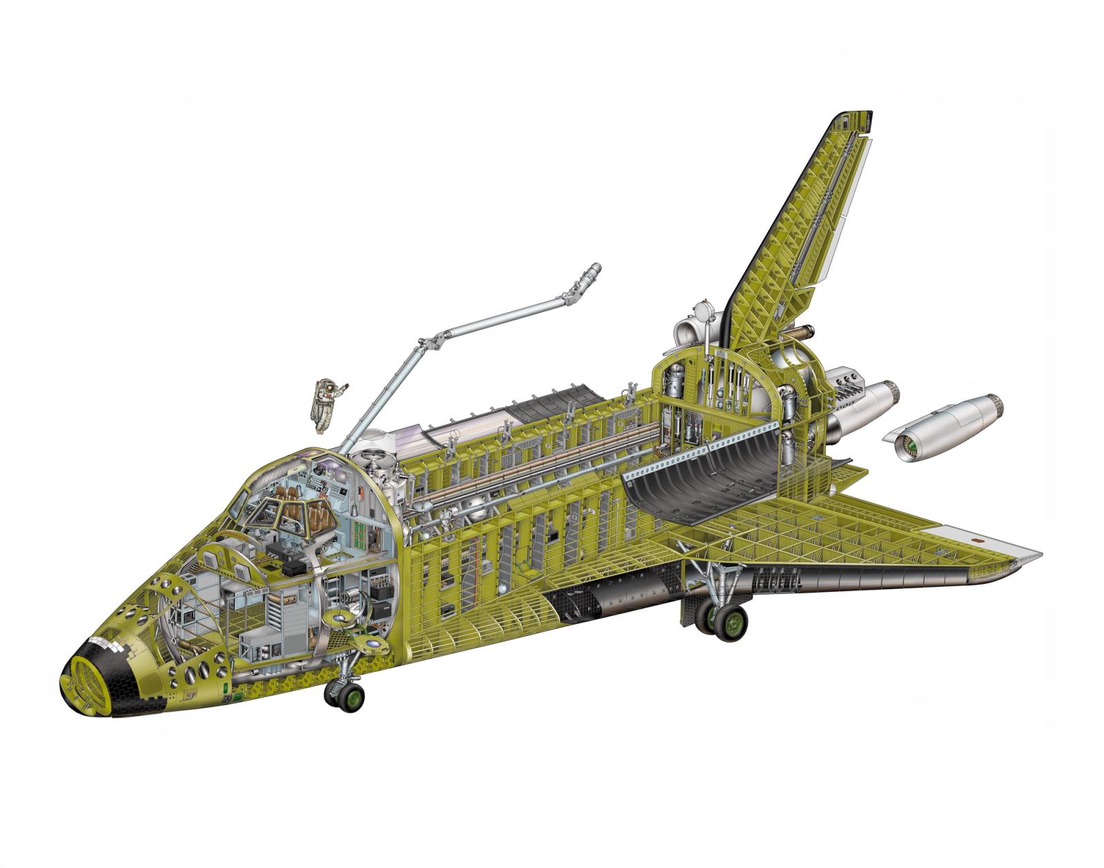 Detailed technical cutaway illustration of NASA Space Shuttle showing internal structure and components