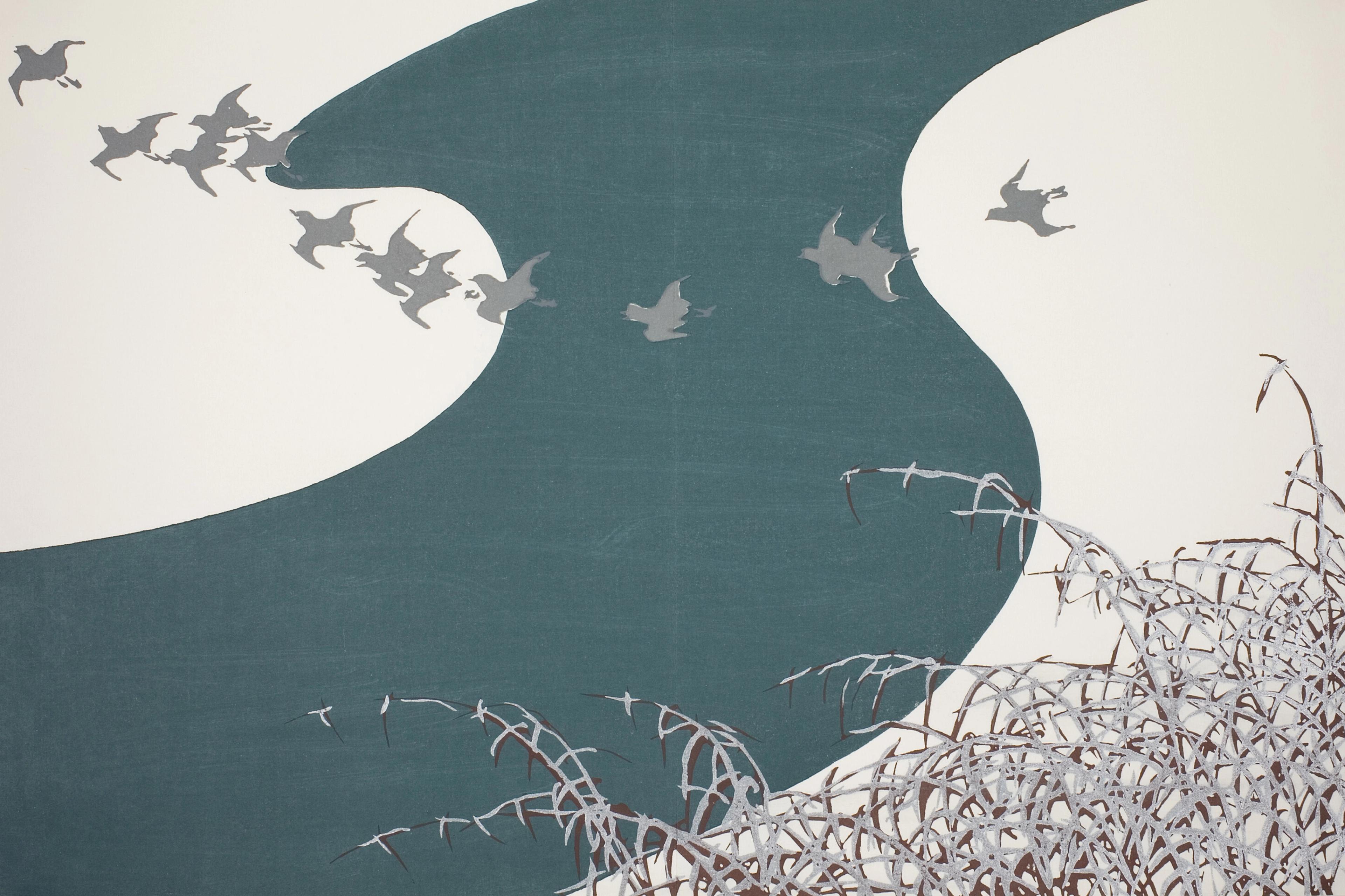Plovers Flying Across a River
