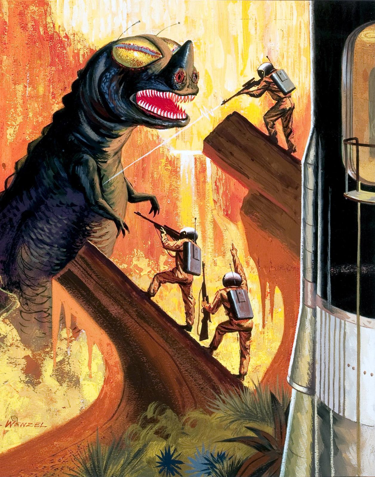 Sci-fi illustration of astronauts with laser weapons fighting a giant lizard monster on an alien planet