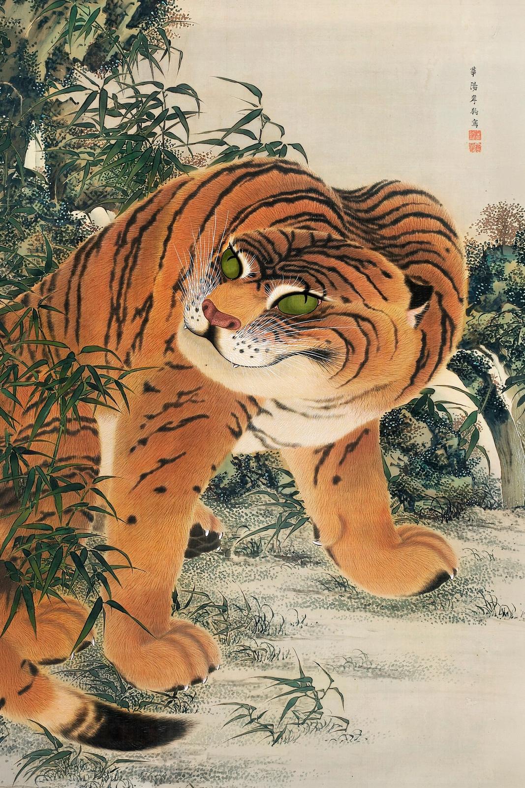Tall vertical painting of a tiger crouching to groom one of its front paws