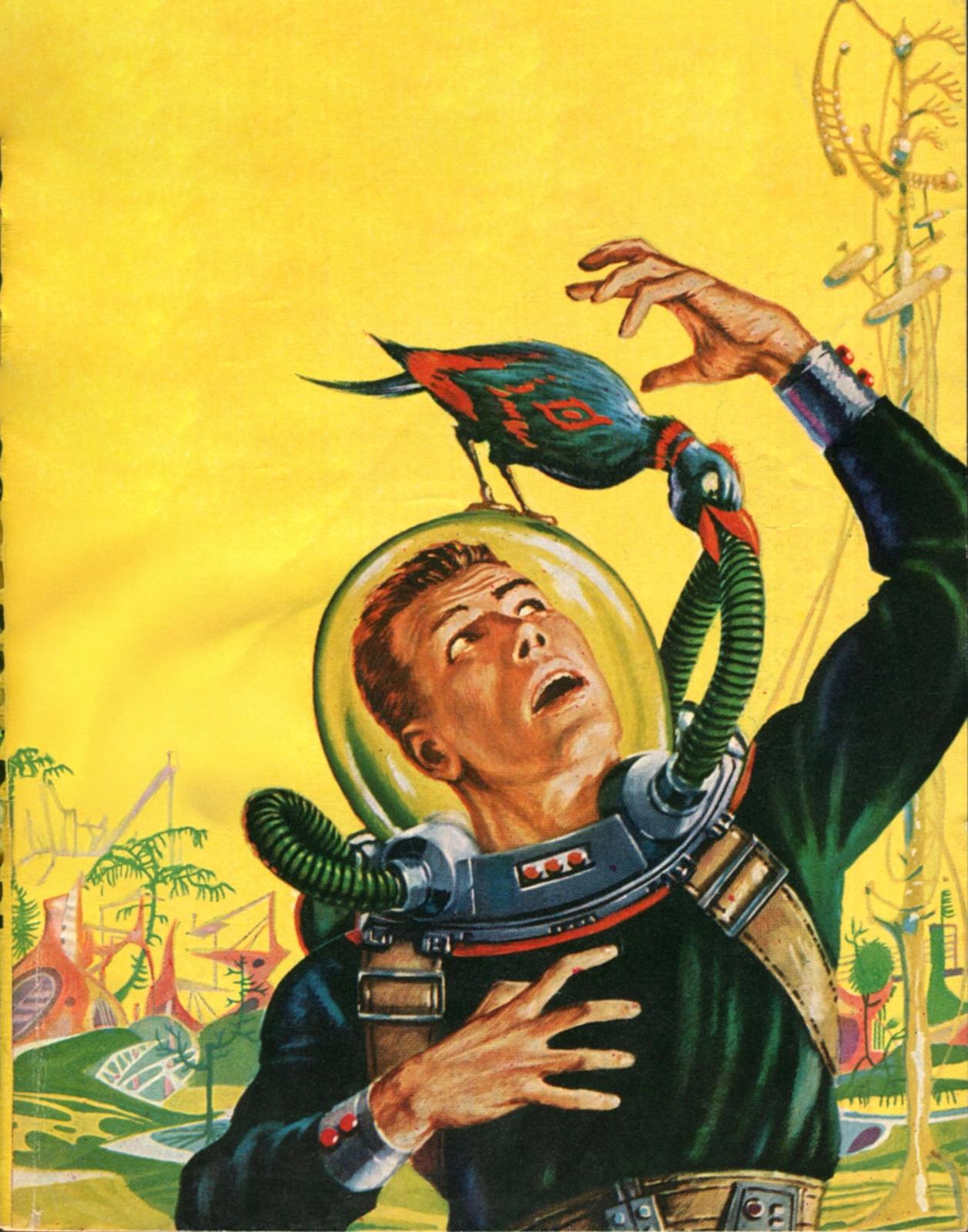 Retro sci-fi illustration of astronaut in space suit reaching toward colorful parrot on yellow alien planet