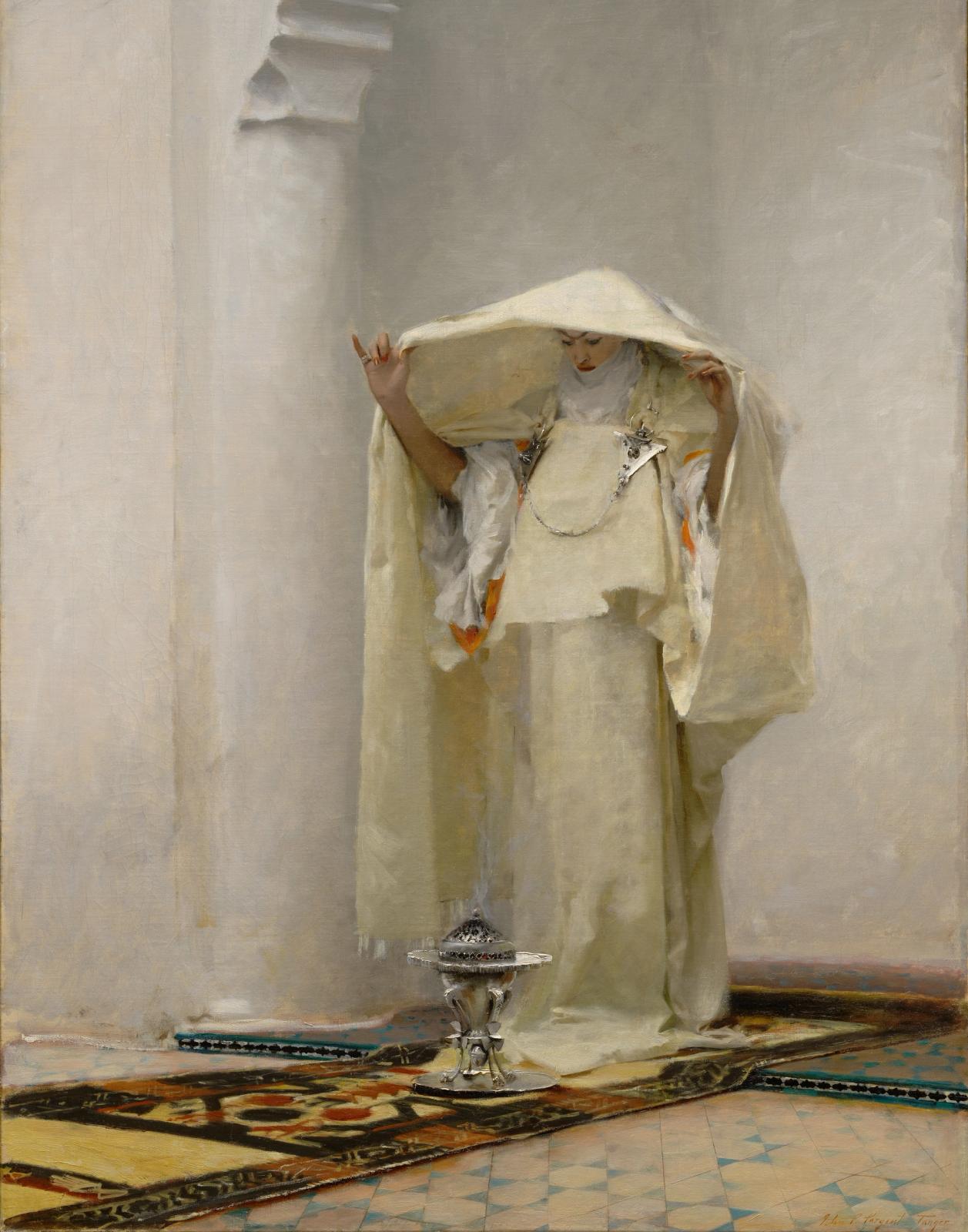 Oil painting of a robed figure in flowing white garments holding fabric overhead in an interior with ornate rugs