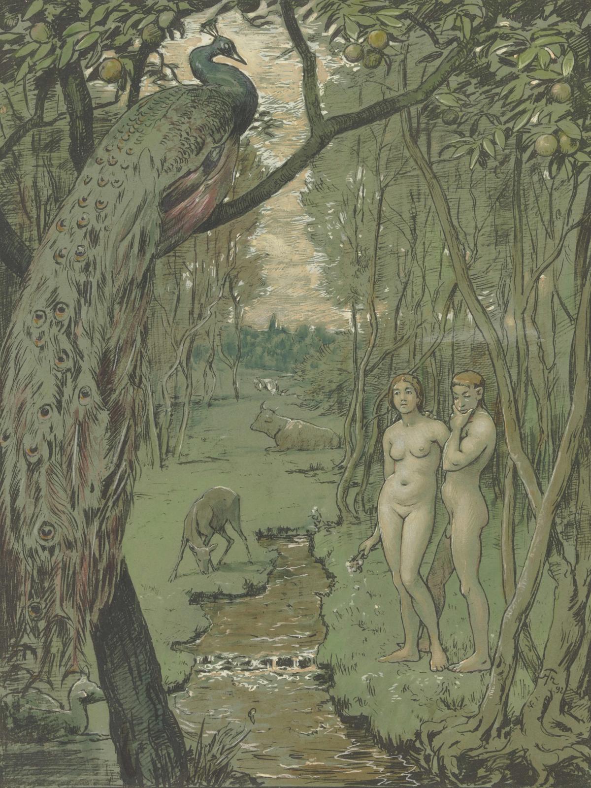 Paradise with Peacock, 1892 by hans thoma