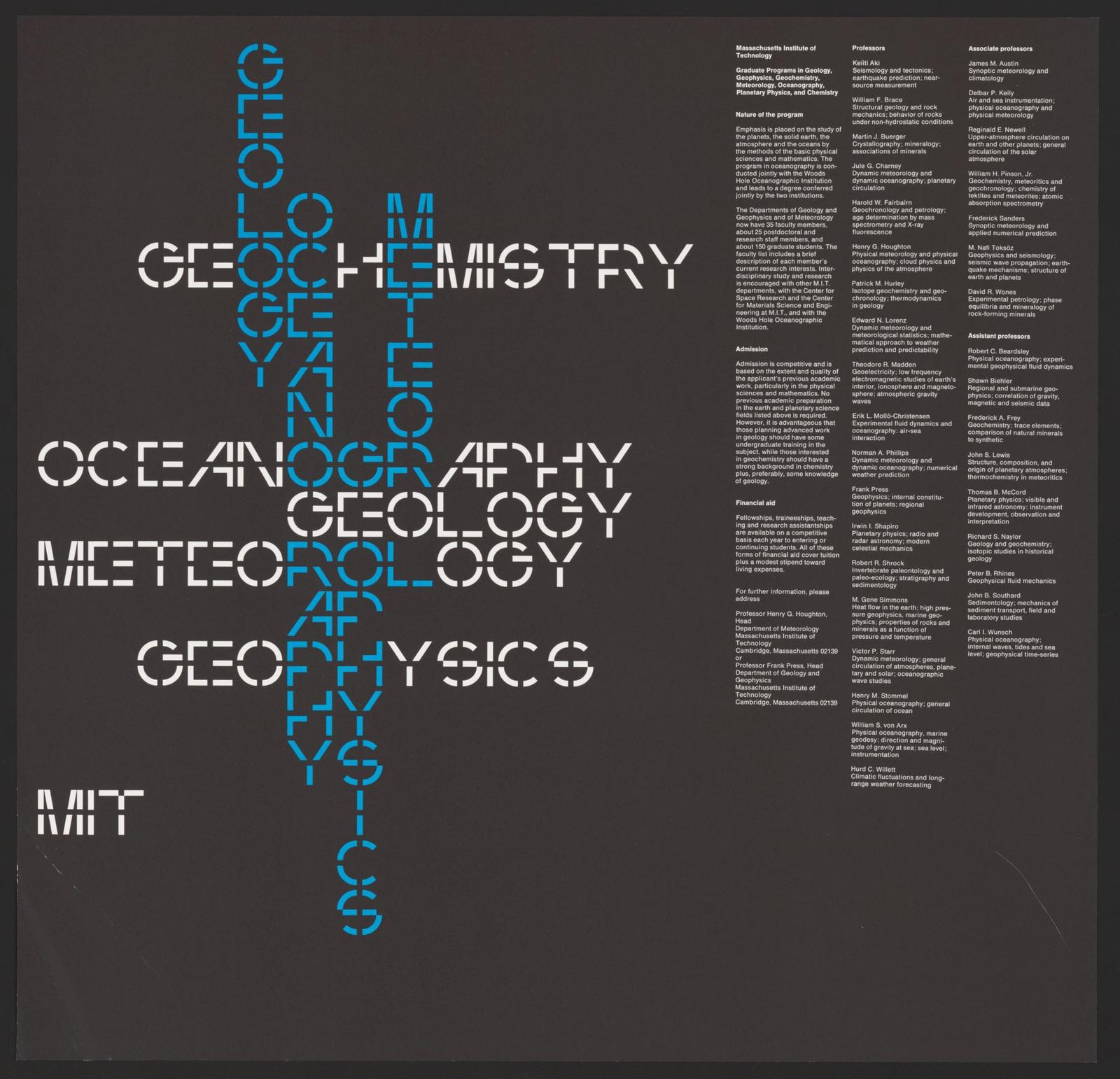 MIT academic poster with blue text arranged in cross formation listing oceanography and geology programs
