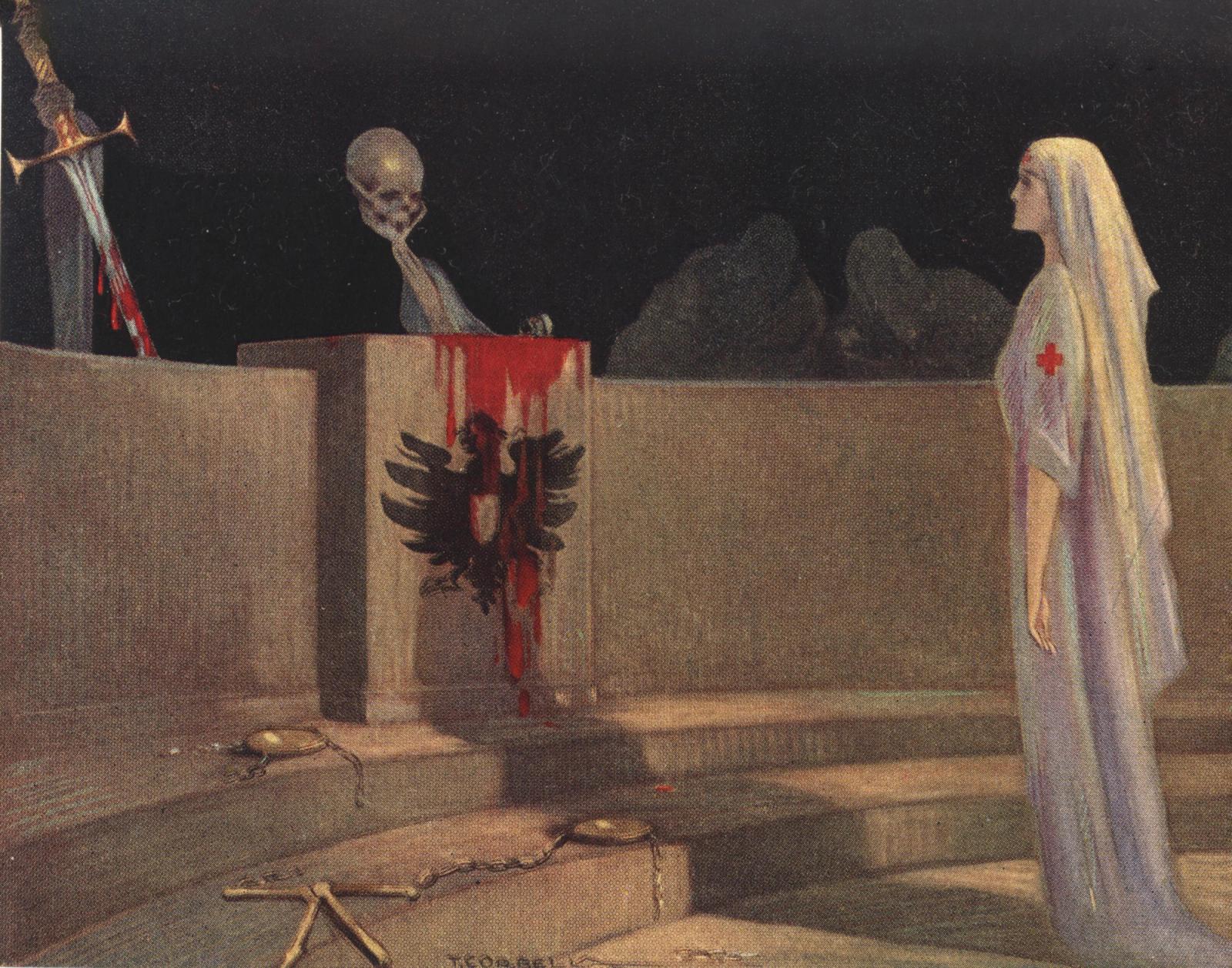 Gothic artwork showing a skeletal figure holding skull above bloody altar with eagle emblem, white-robed figure watching