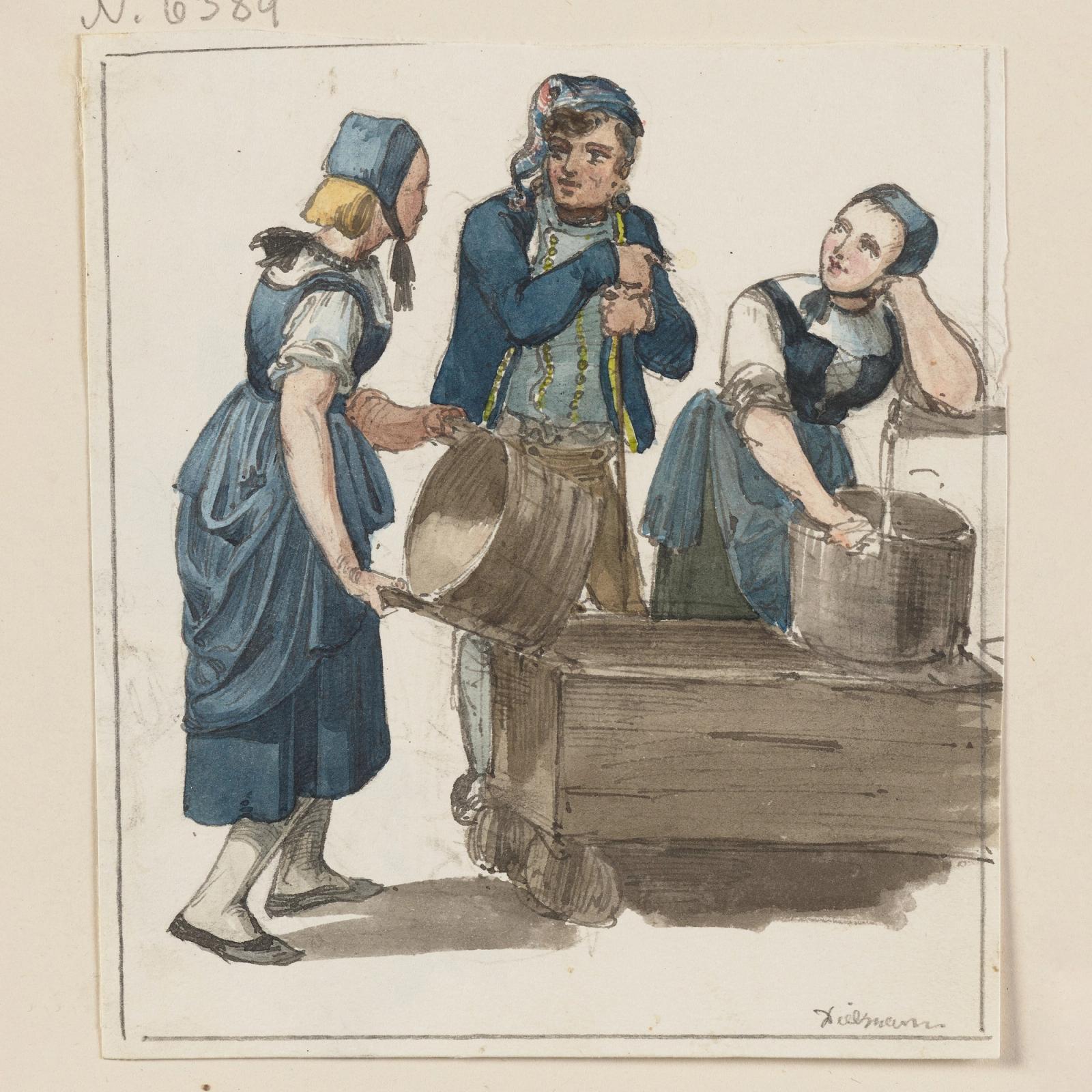 Zwei Madchen und ein Bursche am Brunnen, null by jakob furchtegott dielmann