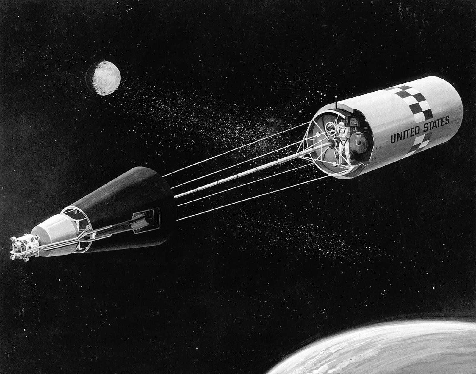 Retro space illustration showing connected spacecraft modules with tethers in orbit, with Moon and Earth visible