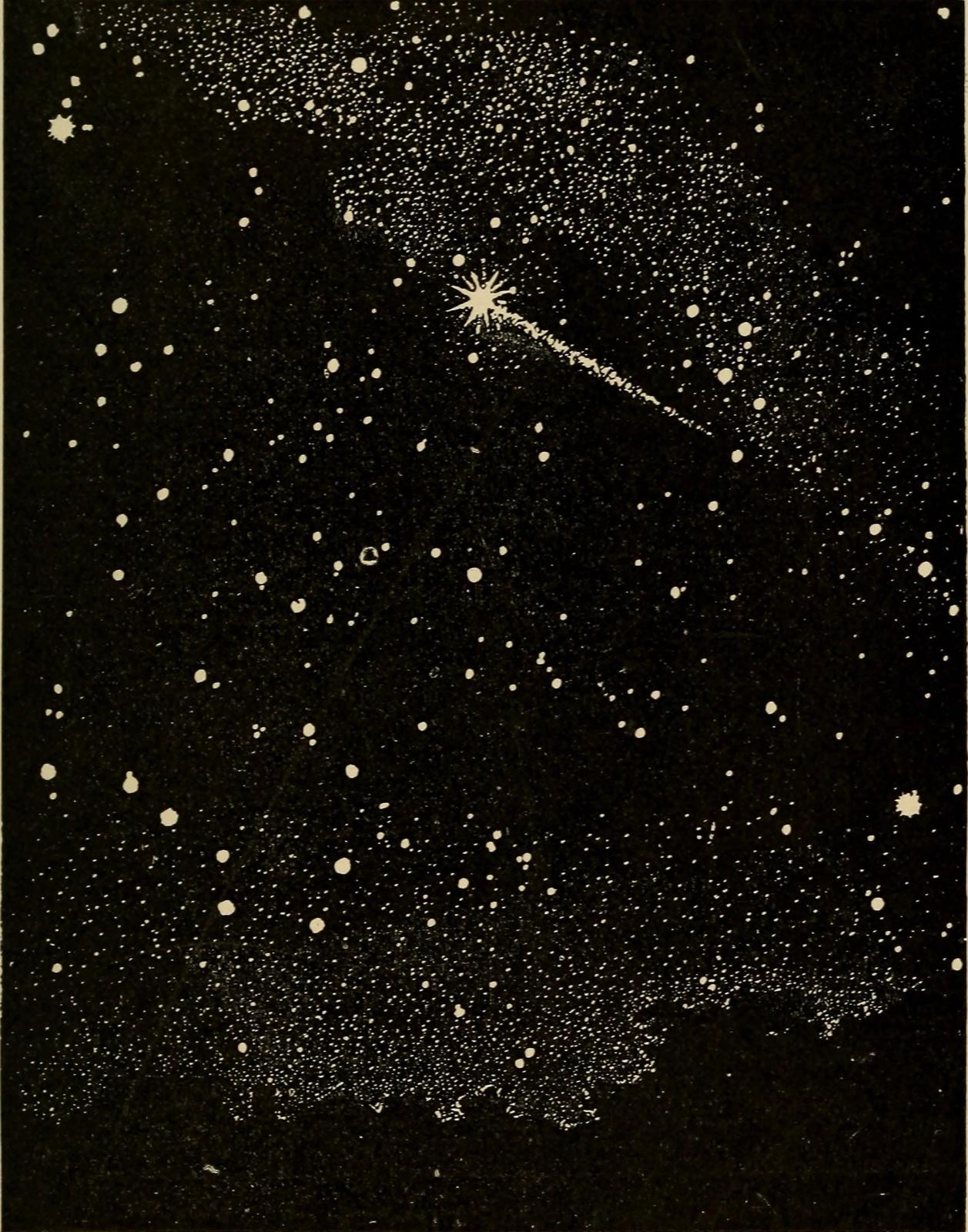 Black and white astronomical image showing a bright shooting star with radiating tail crossing a starry night sky