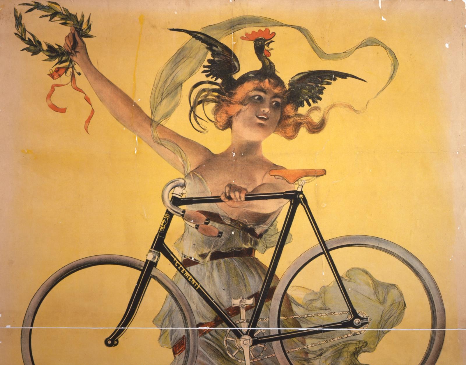 Vintage poster of woman with rooster on head holding bicycle and laurel wreath against golden yellow background