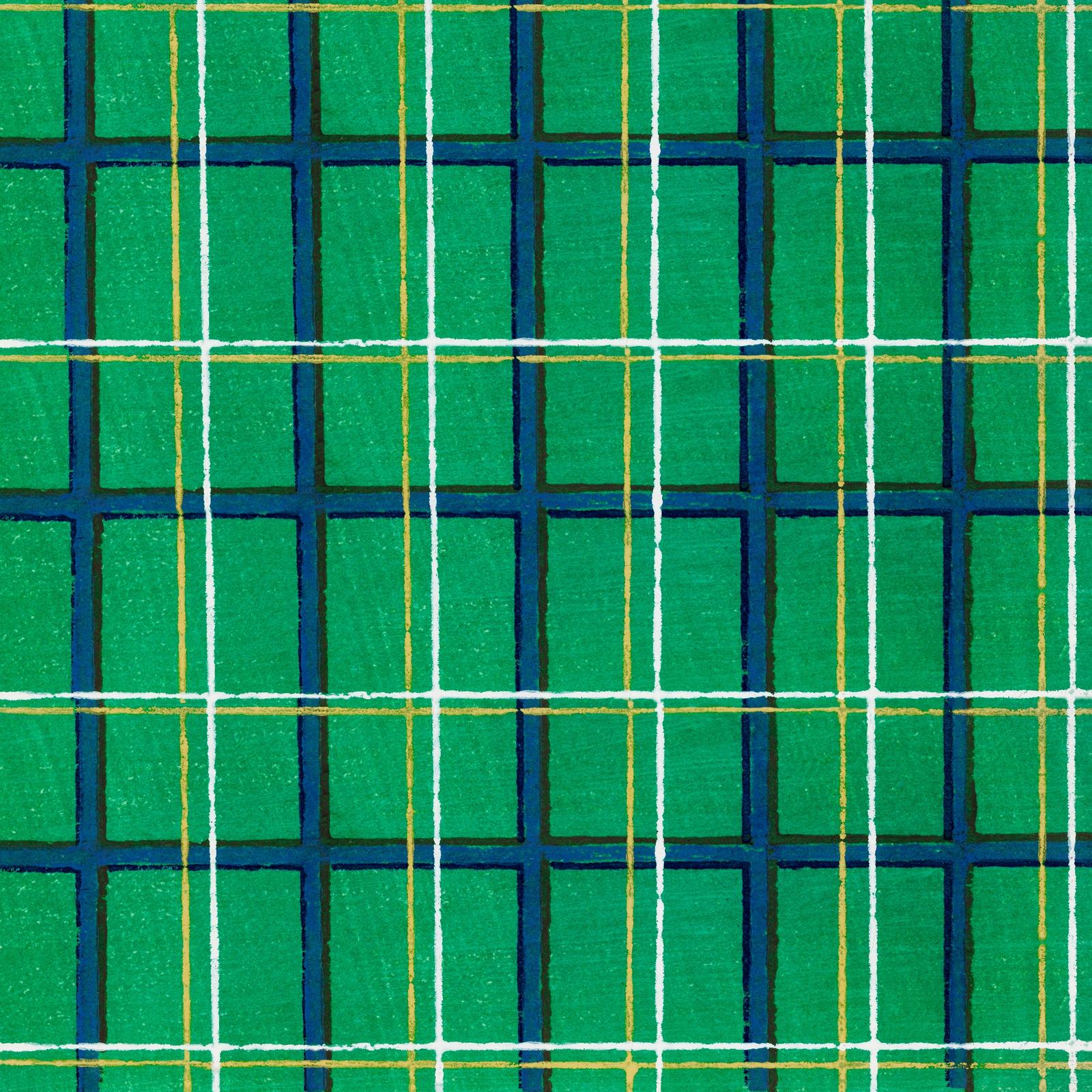 Green plaid pattern with blue and white intersecting lines forming a geometric grid on textured background