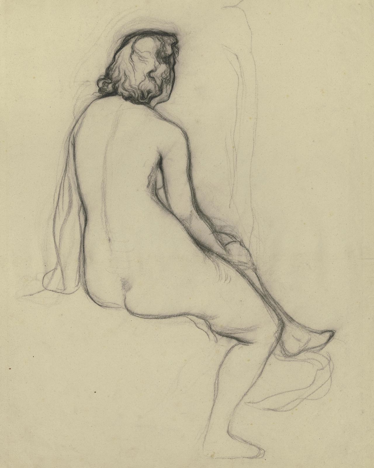 Auf einer Erhebung sitzender weiblicher Akt in Ruckenansicht, null by victor muller