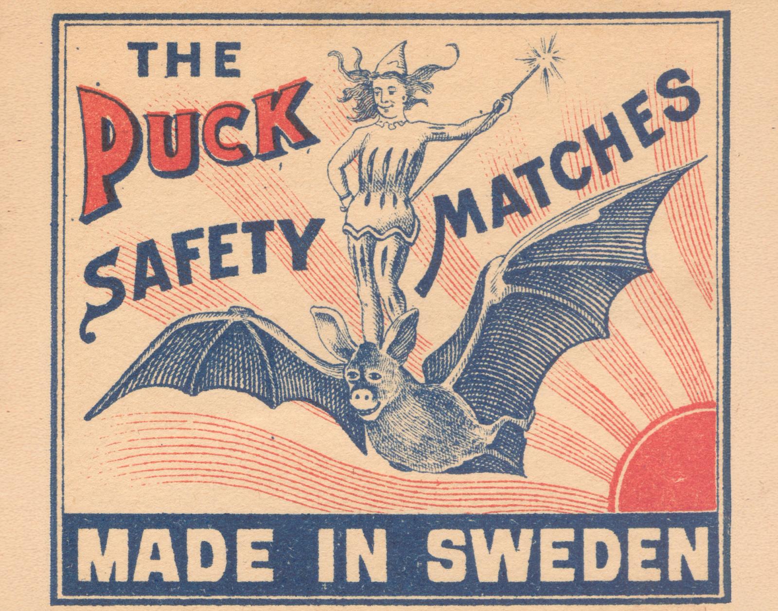 Vintage Swedish safety match label featuring a bat flying above waves with a fairy-like figure holding a wand