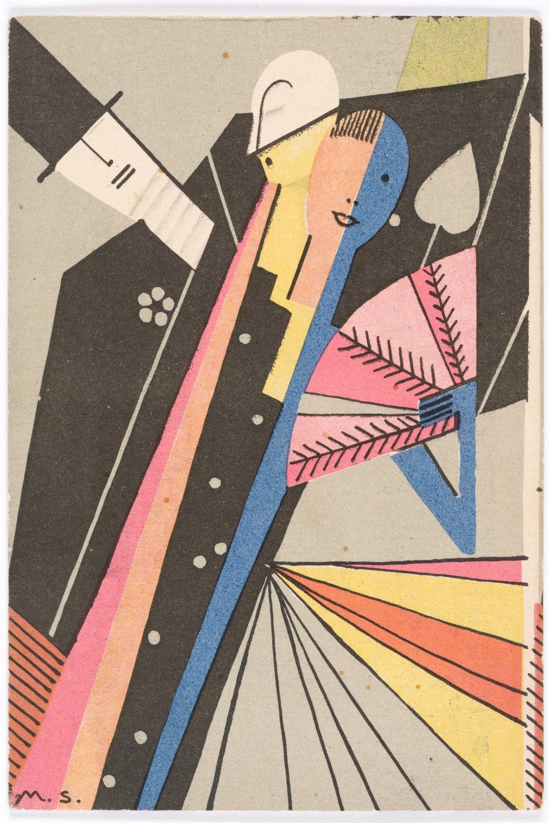 Promotional postcard from the Wiener Werkstatte for carnival costumes and fabrics (around 1925) by Wiener Werkstatte
