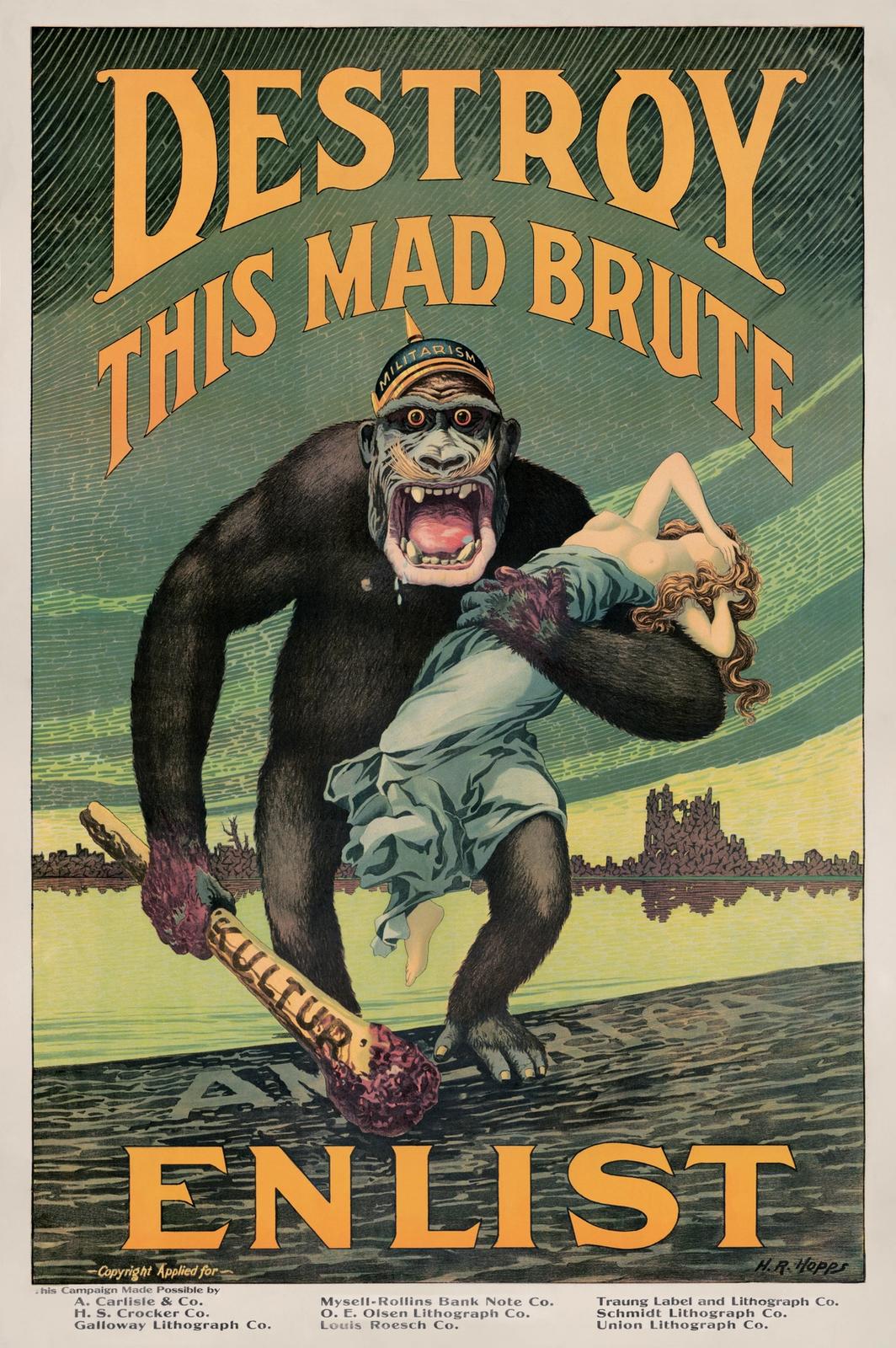 First World War enlistment poster of a snarling gorilla in a spiked helmet carrying a woman and a club.