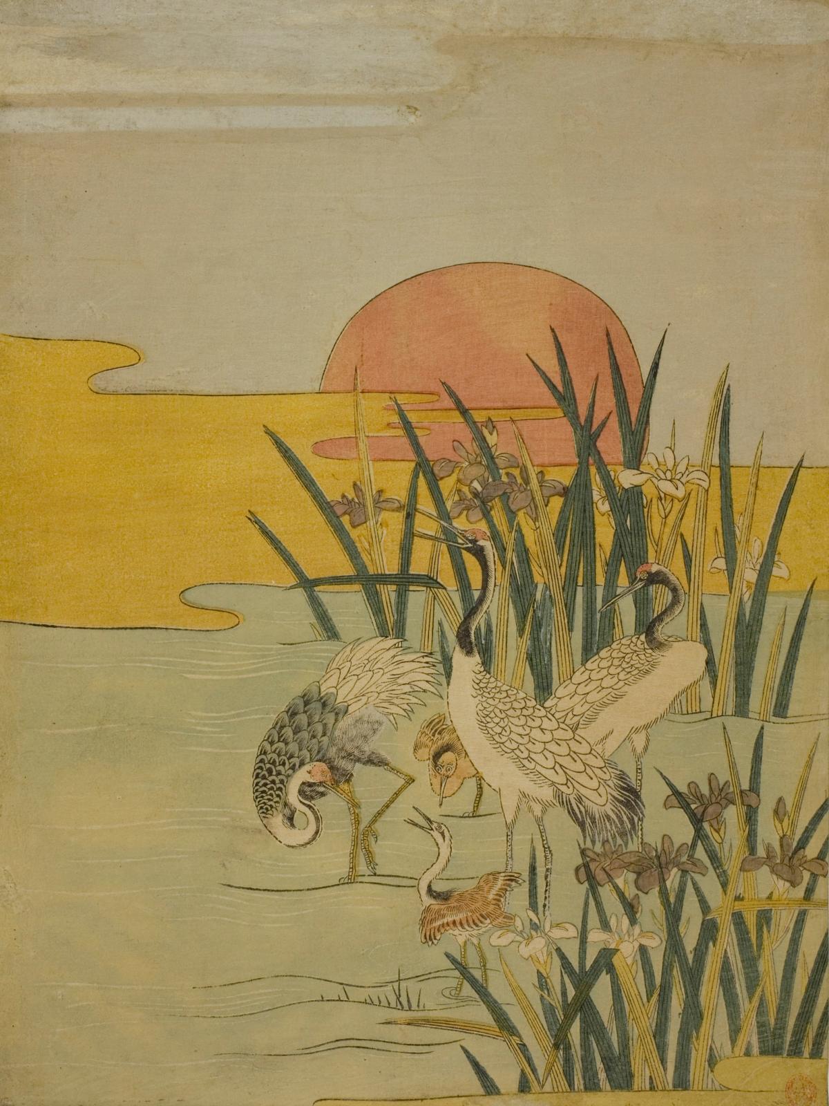 Cranes in an Iris Pond at Sunrise by Isoda Koryusai