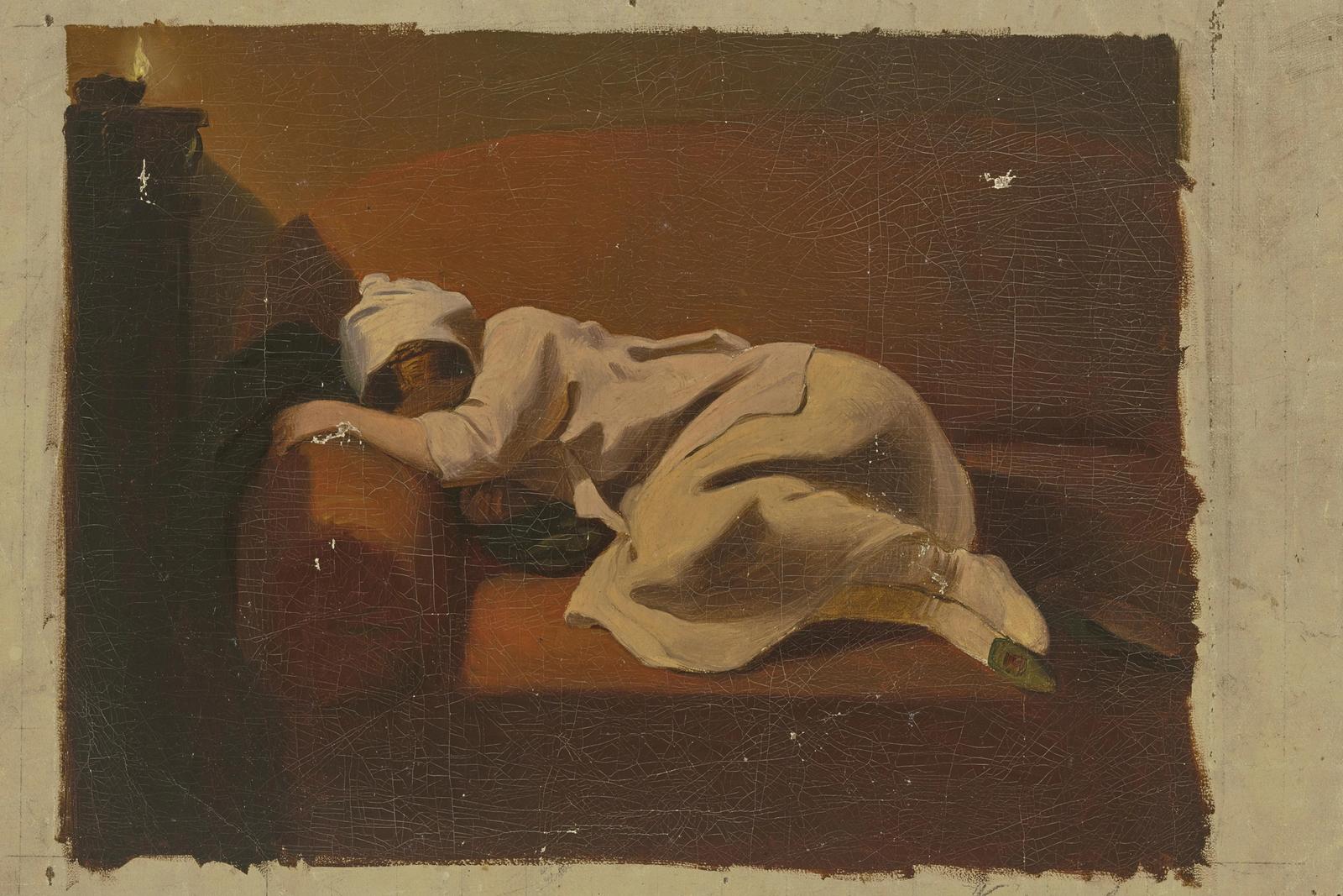 Schlafende Frau auf rotem Sofa, null by philipp winterwerb