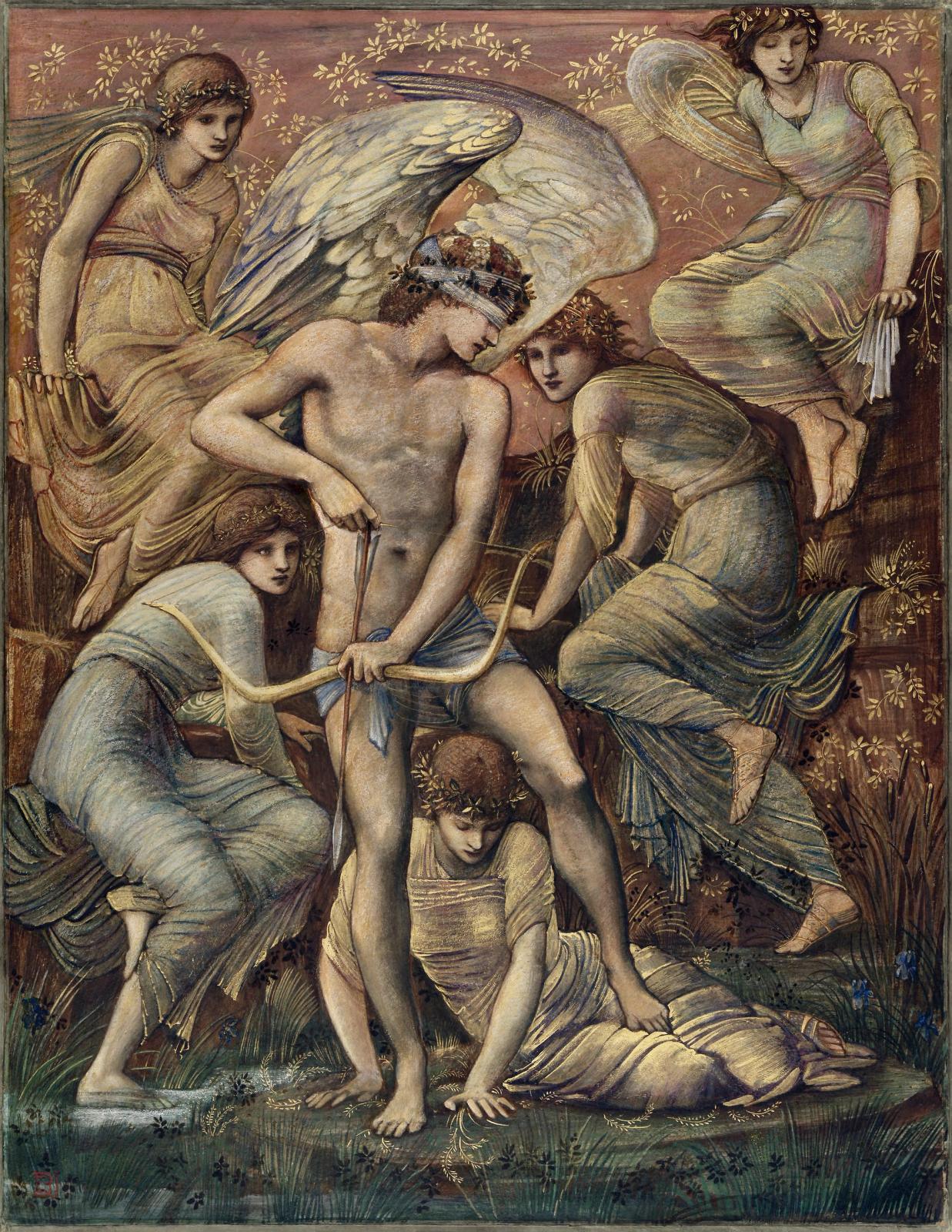Classical artwork depicting Cupid with bow surrounded by draped female figures in muted earth tones