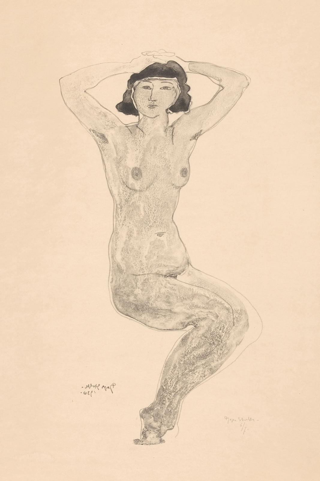 Zittende naakte vrouw met handen op het hoofd (1930) by Reijer Stolk