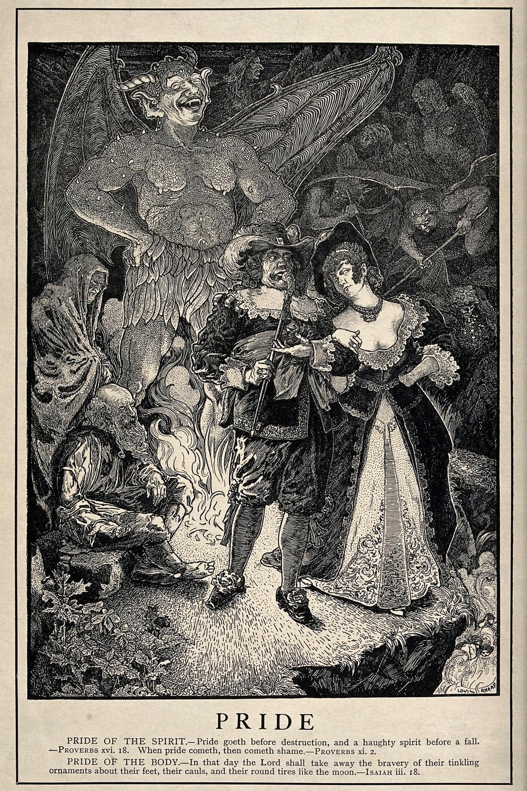 An allegory of pride: a richly dressed couple with an elegant attitude ignore the poor by their side and walk straight over the edge of a cliff; behind them stands an enormous devil who watches them;