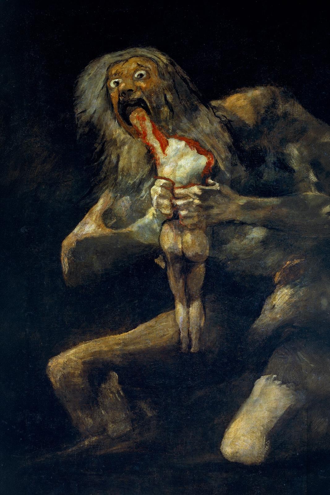 Goya's Saturn, wild eyed in near darkness, devouring the body of his own child.