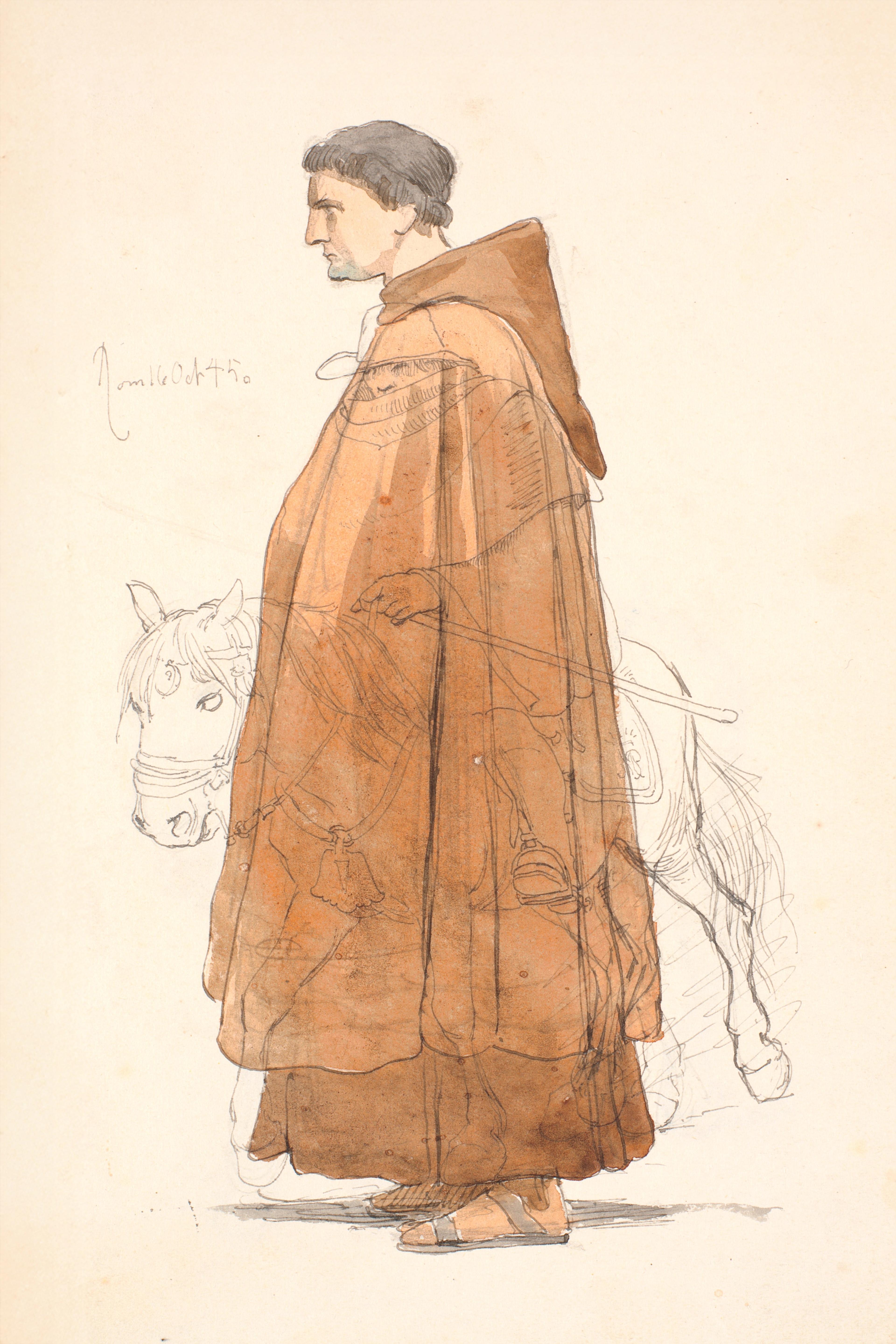 Young Franciscan monk standing with horse