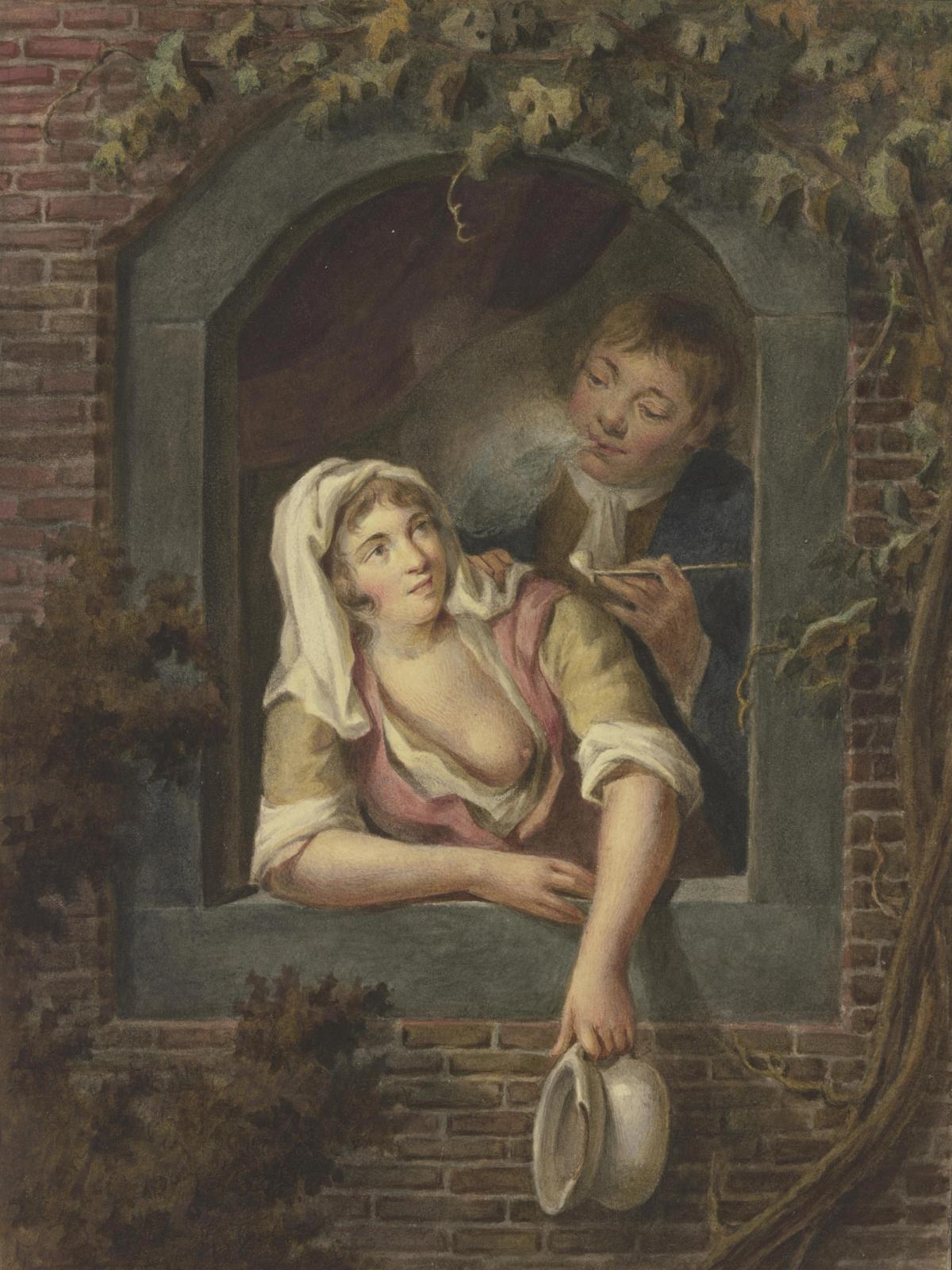 Eine Frau mit entblostem Busen leert ein Nachtgeschirr zum Fenster hinaus, hinter ihr ein rauchender junger Mann, null by lambert antoine claessens