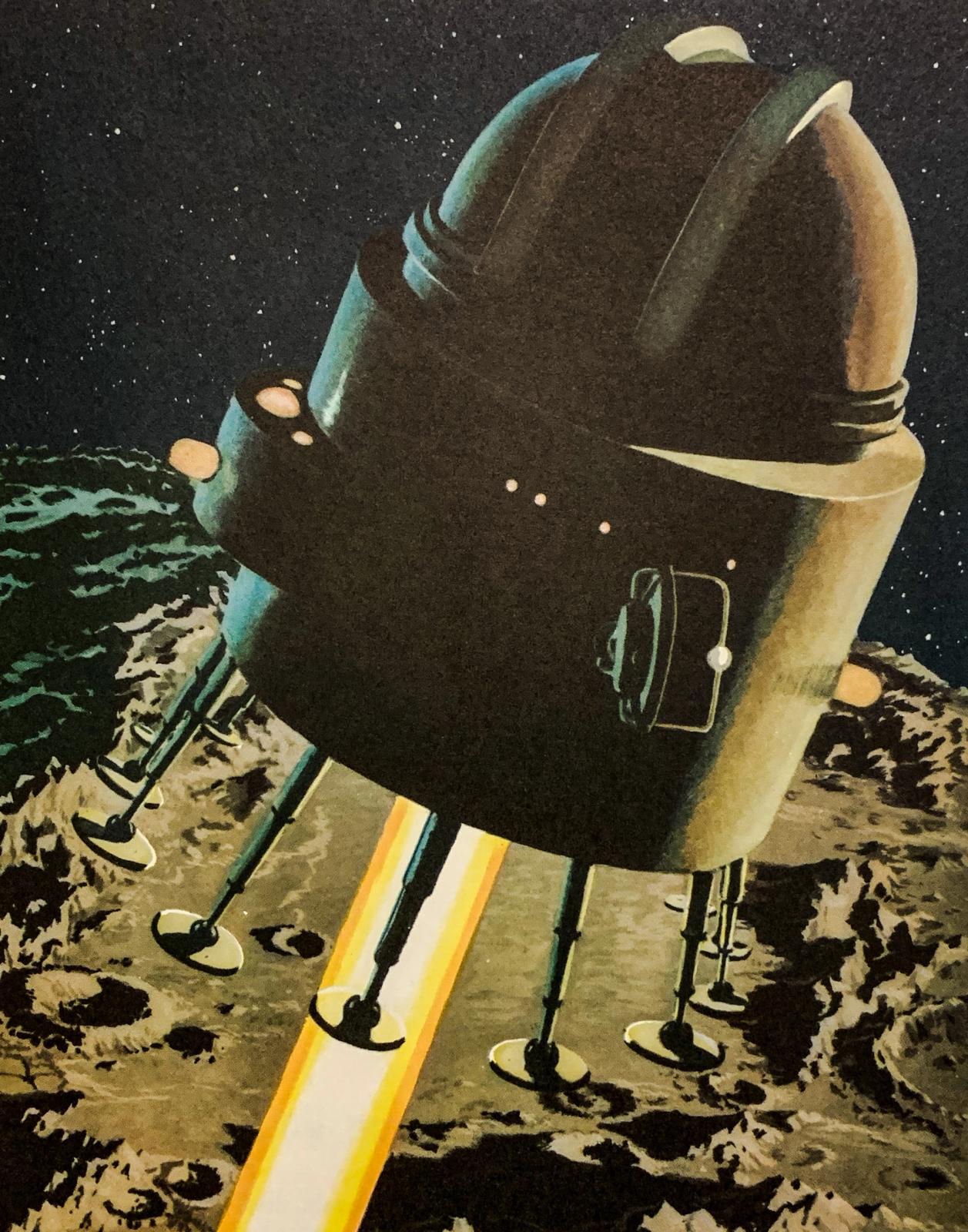 Retro sci-fi illustration of a rocket ship blasting off from lunar surface with Earth visible in starry space background