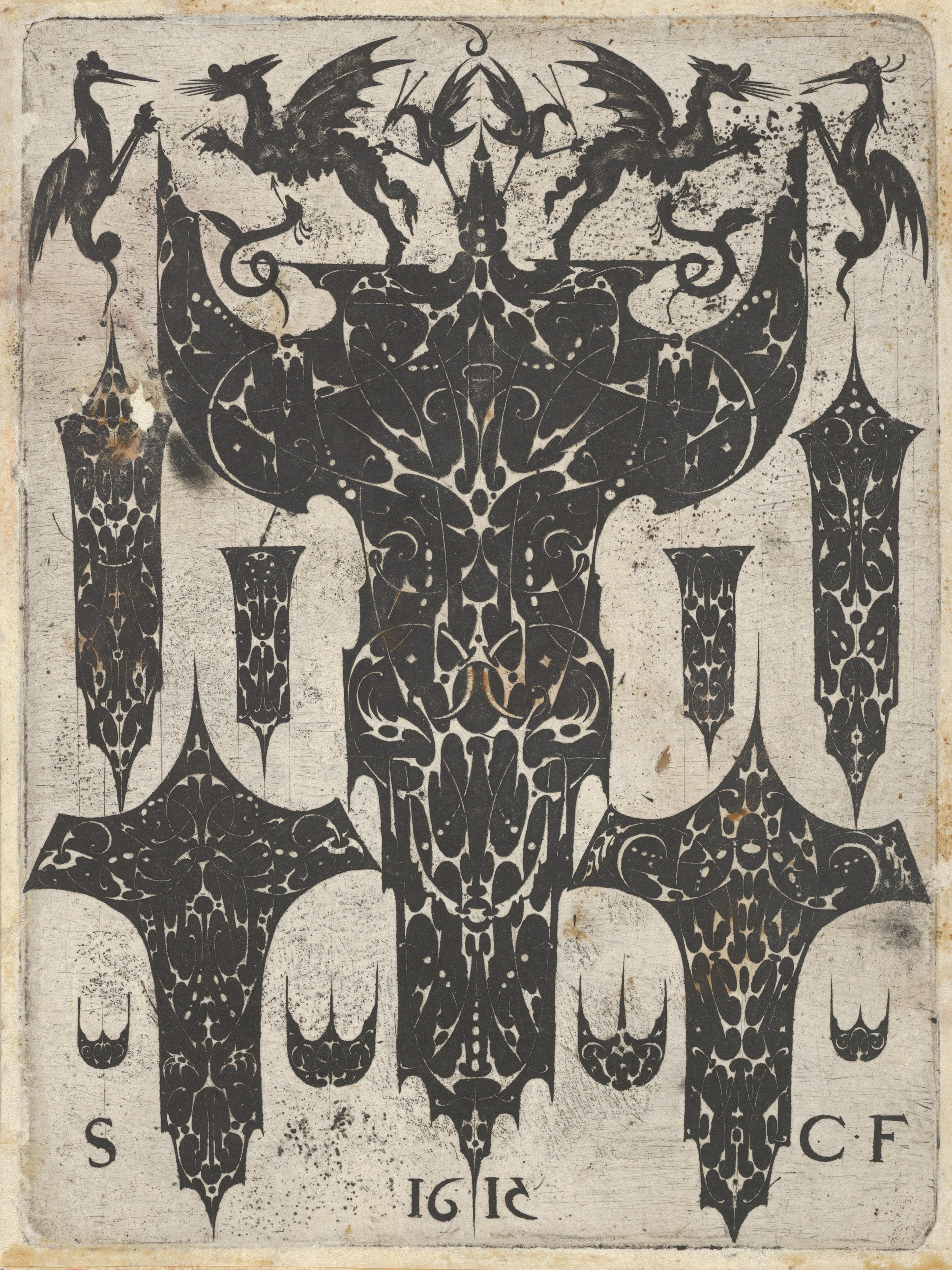 Blackwork Print with Grotesques Fighting on Top of a Large Motif