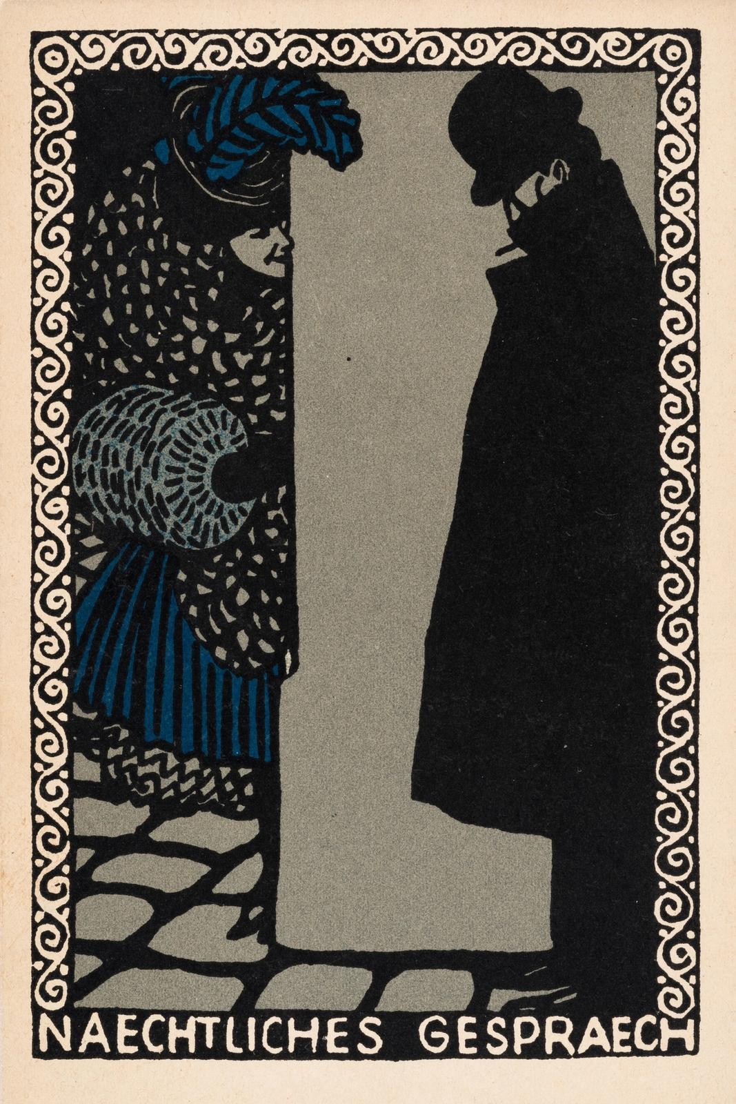 Postcard of the Wiener Werkstatte No. 66: Nocturnal conversation (1907) by Moriz Jung and Wiener Werkstatte