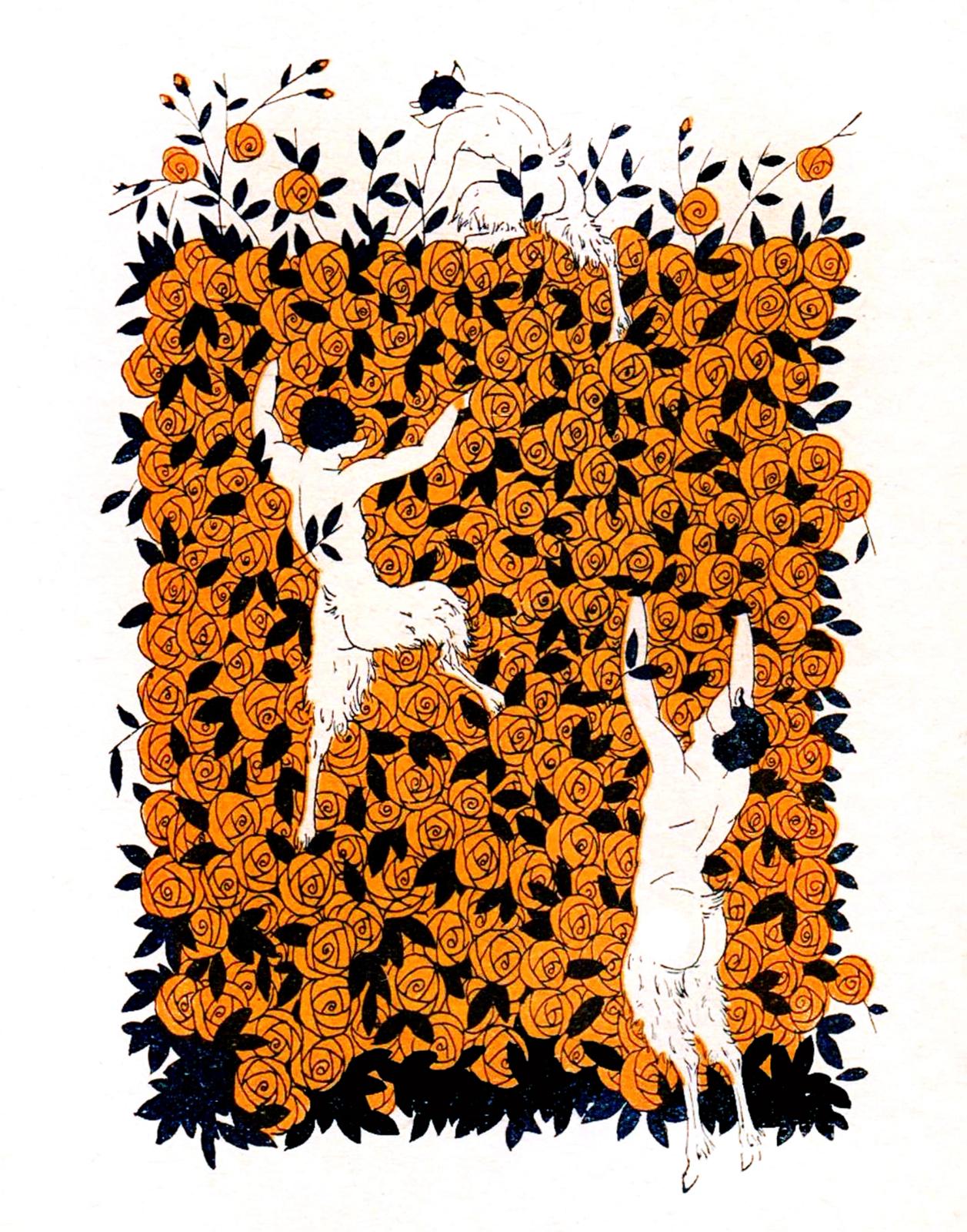 White deer standing among dense orange roses with black leaves in stylized illustration