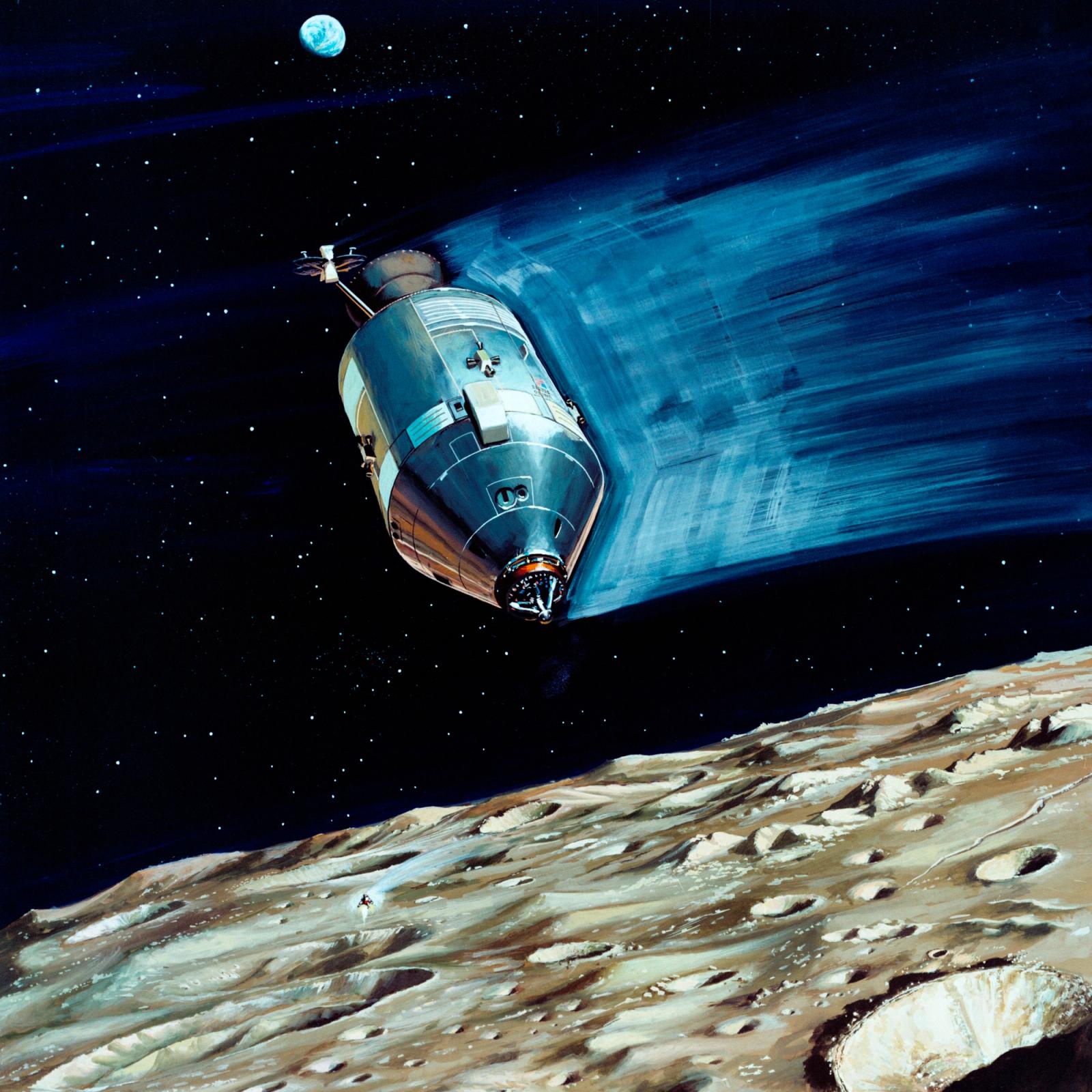 Vintage space artwork showing Apollo spacecraft with blue exhaust trail above lunar surface with Earth in background