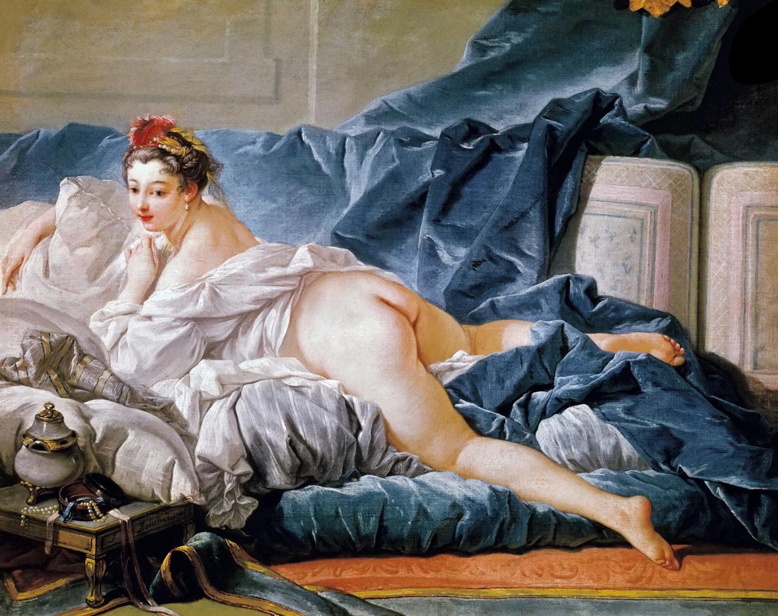 Classical oil painting of reclining nude female figure on blue drapery in ornate bedroom setting