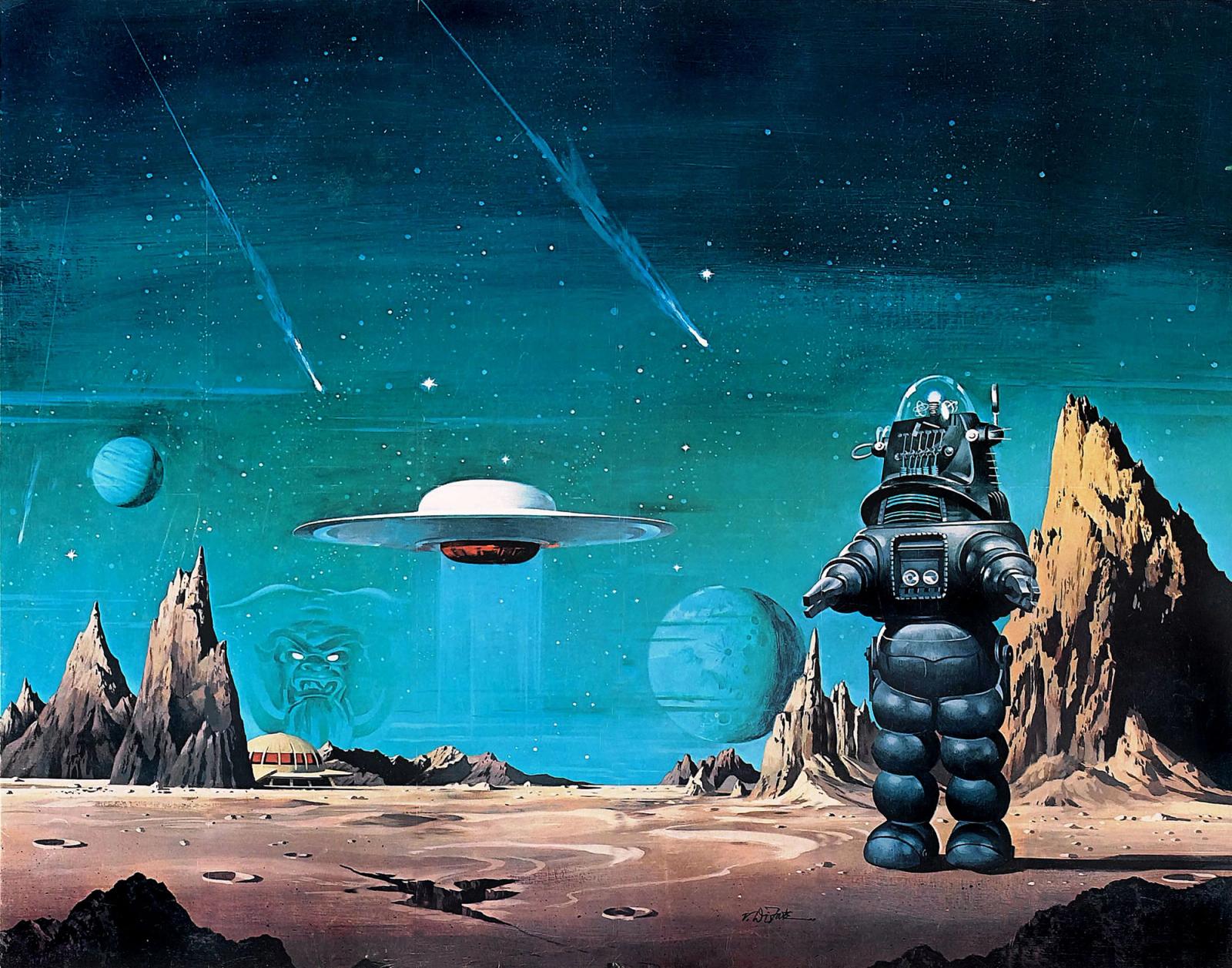 Retro sci-fi artwork showing robot on alien planet with UFO, planets, and meteor shower in turquoise starry sky