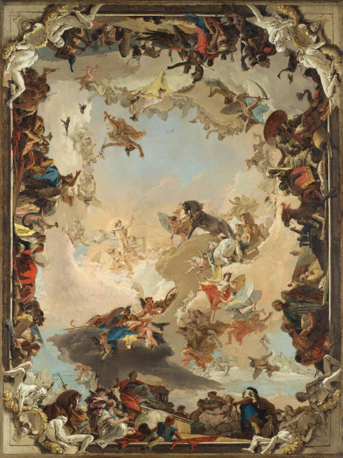 Baroque ceiling fresco depicting mythological figures, angels, and planets swirling in clouds across a heavenly scene