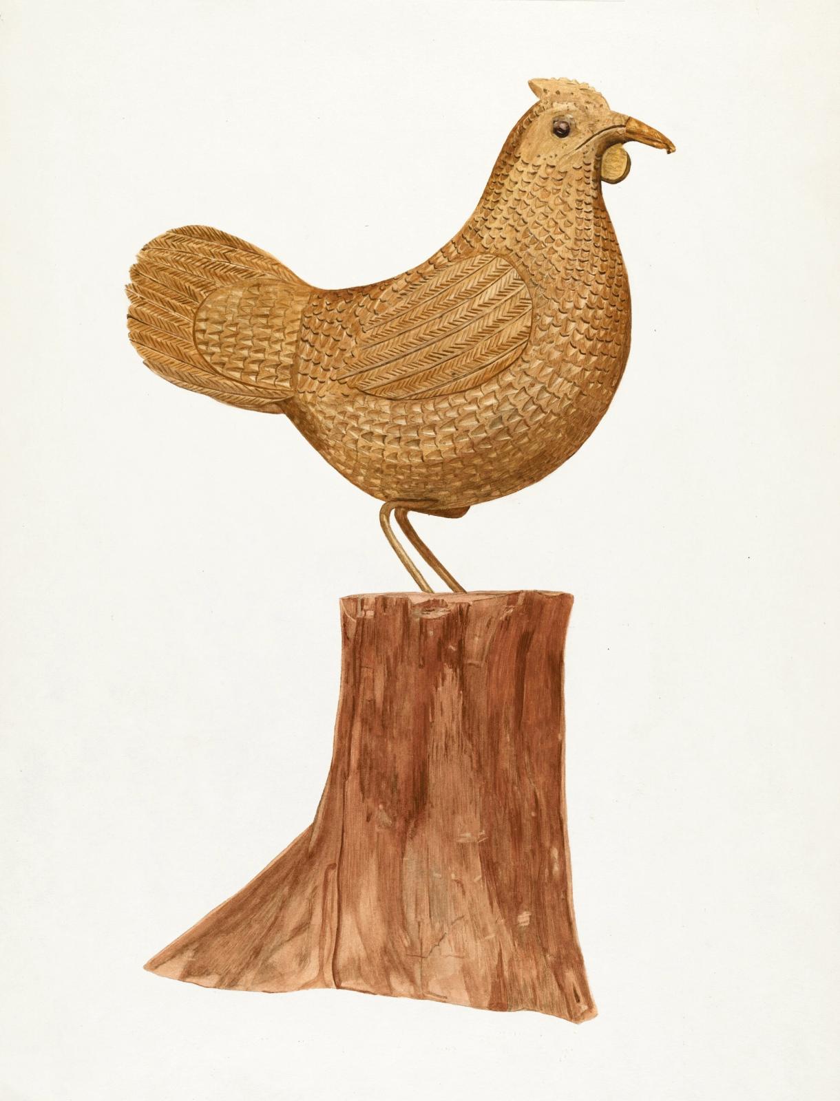 Golden-brown wooden hen sculpture perched on tree stump, showing detailed carved feather textures and patterns