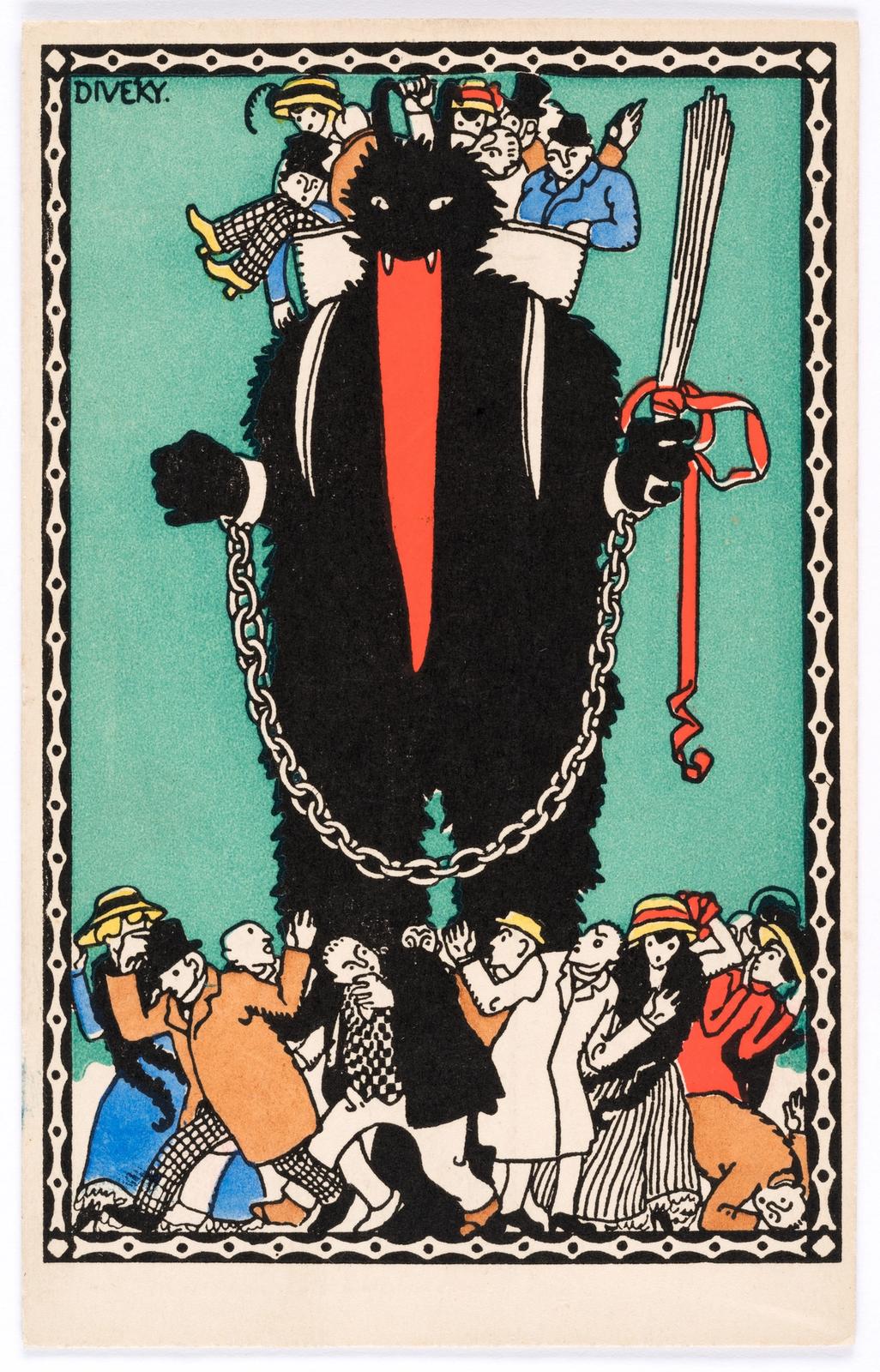 Folk art print showing large black creature with red tongue surrounded by small colorful human figures in folk costumes