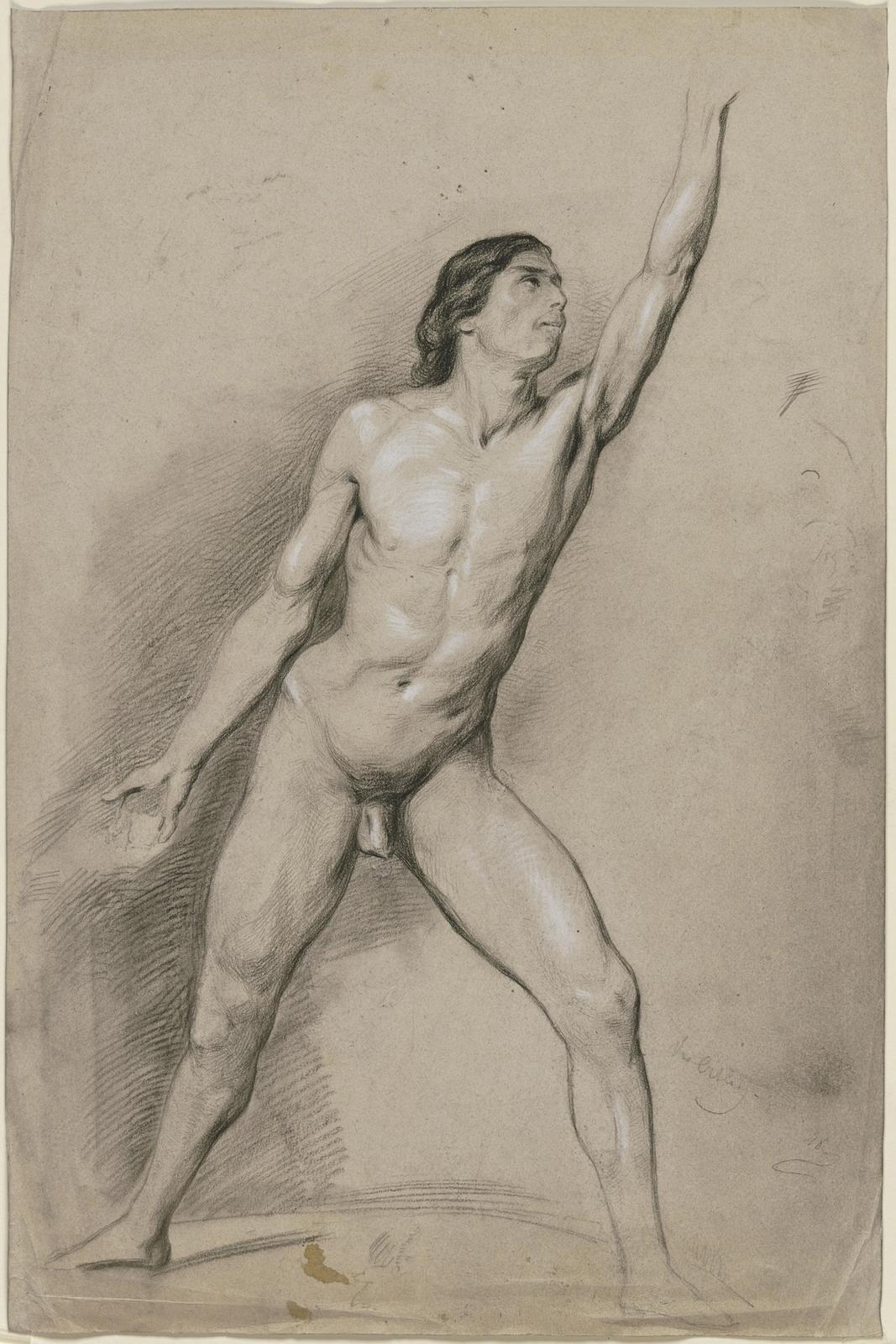 Stehender mannlicher Akt, mit erhobener Linker im Ausfallschritt nach rechts, null by victor muller