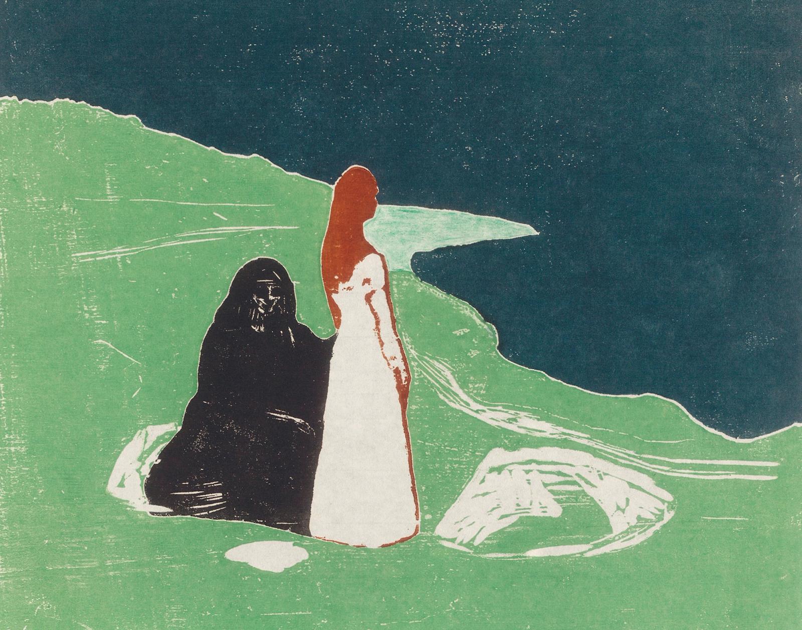 Two figures in black and white robes sitting on green coastal landscape with dark blue water background