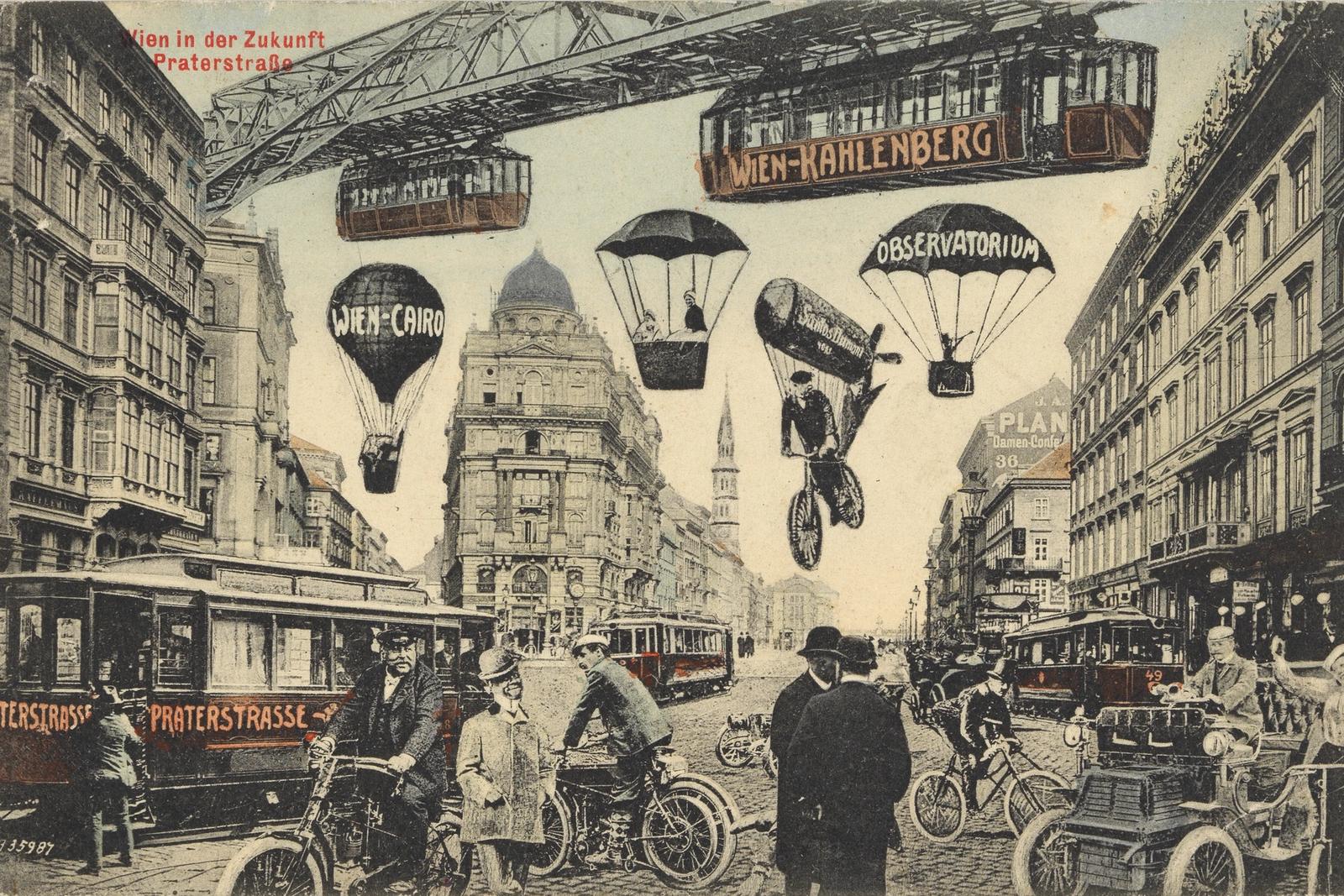 Traffic - 2nd, Praterstrasse - Vienna in the future, with numerous different means of transport, postcard (around 1910) by Bruder Kohn KG