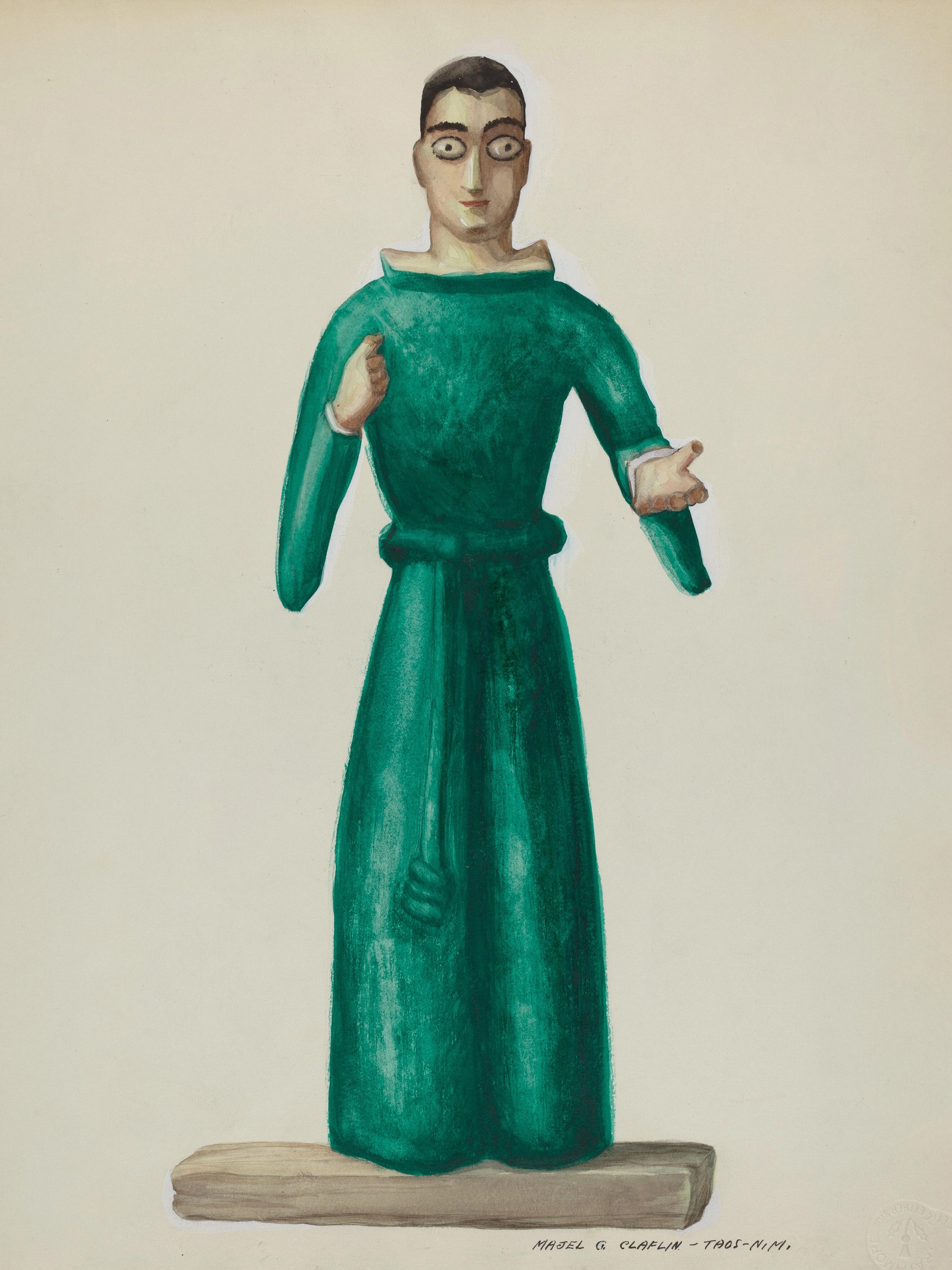 Wooden Santo in Bright Green Dress