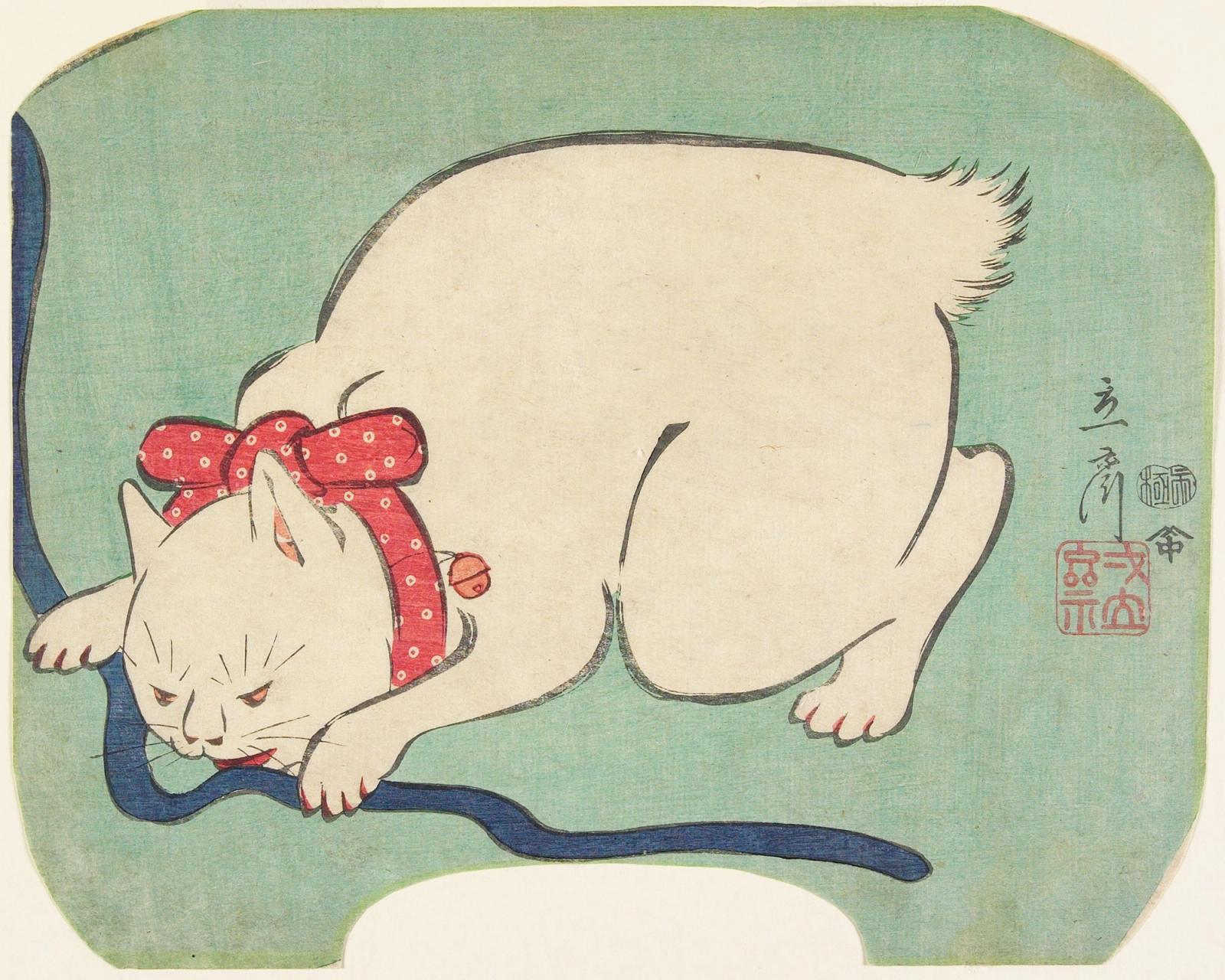 Japanese woodblock print of a white cat with red polka dot collar playing with a blue ribbon on green background