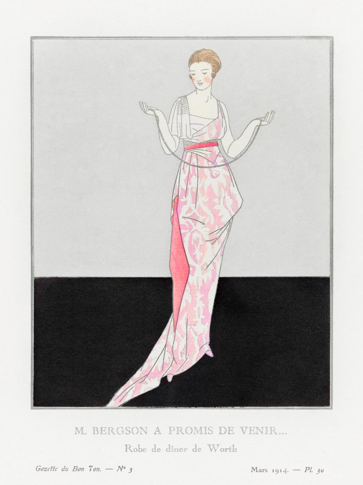 M. Bergson a promis de venir: Robe de dîner de Worth (1914) print in high resolution by Bernard Boutet de Monvel, published in Gazette de Bon Ton. Original from The Rijksmuseum. Digitally enhanced by