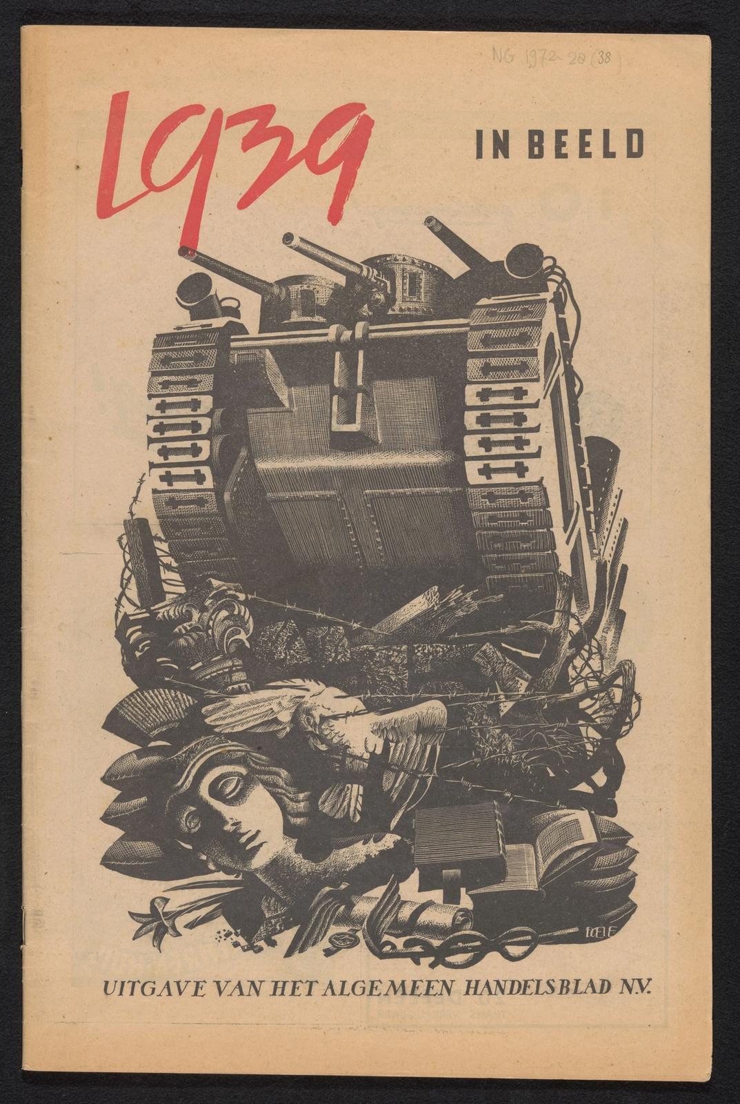 1939 wartime propaganda poster featuring a tank crushing debris with Dutch text, rendered in brown and red ink
