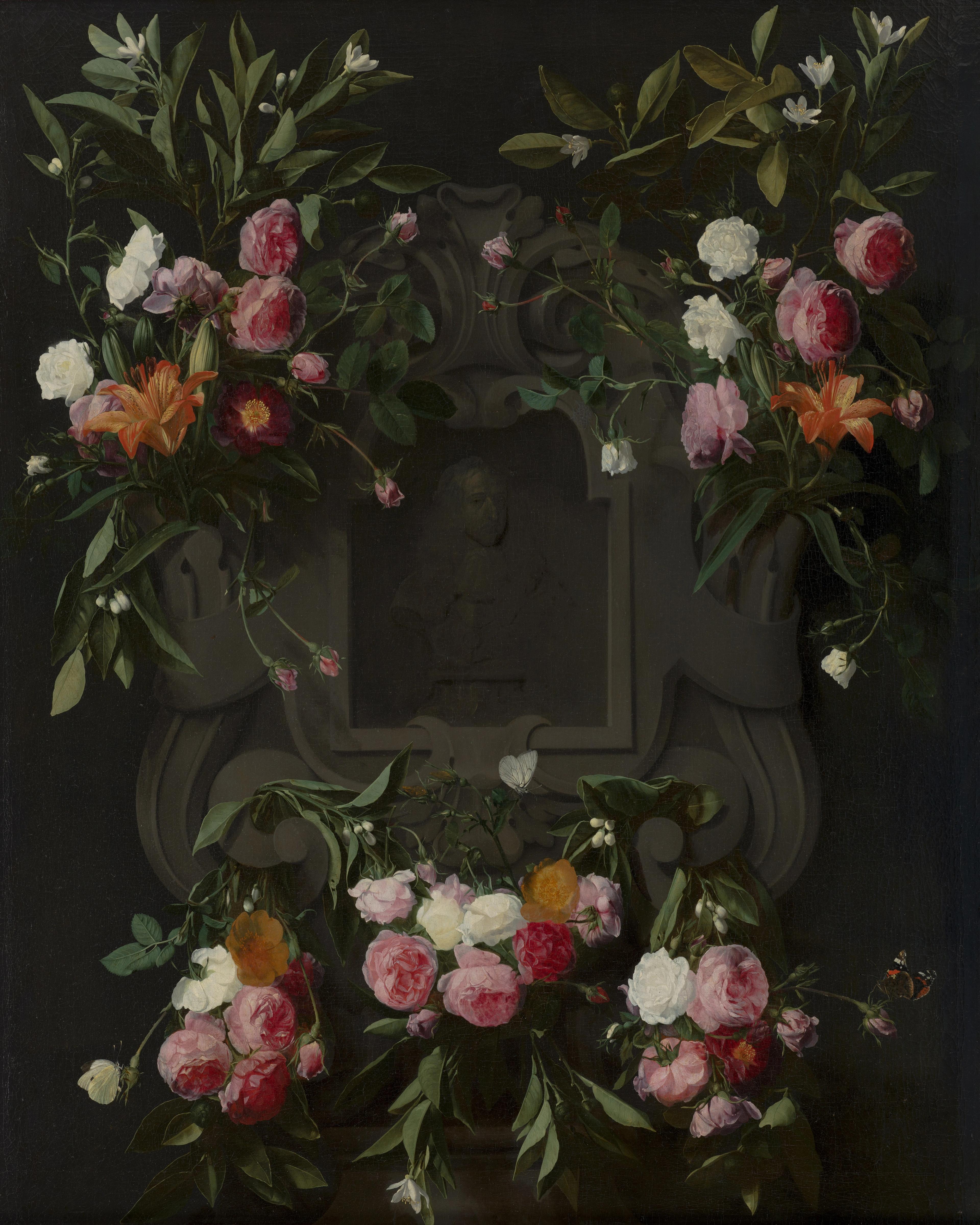 Garland of Flowers Surrounding a Sculpture of the Virgin Mary