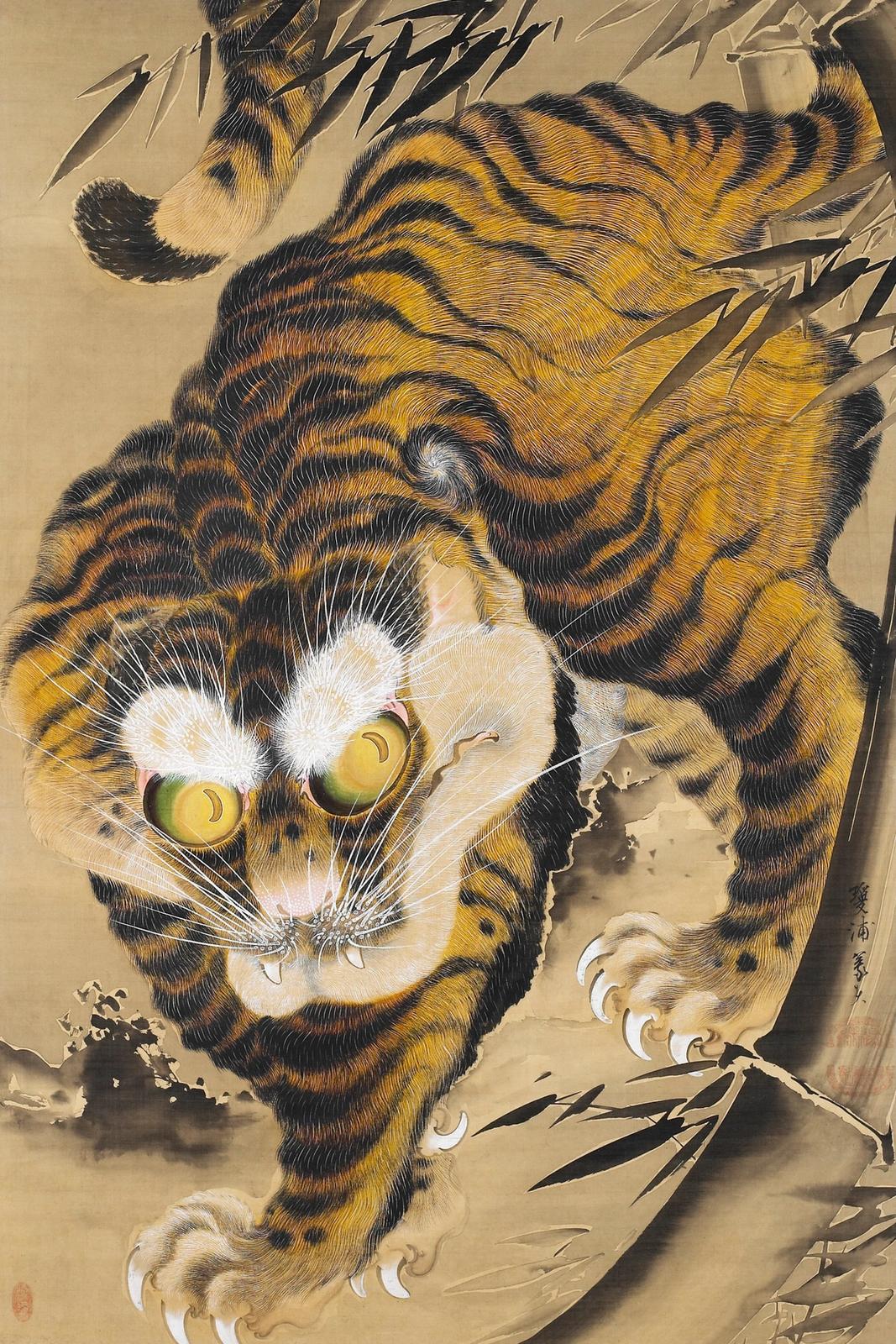 Painting of a tiger with sharp staring eyes stepping out from a stand of bamboo