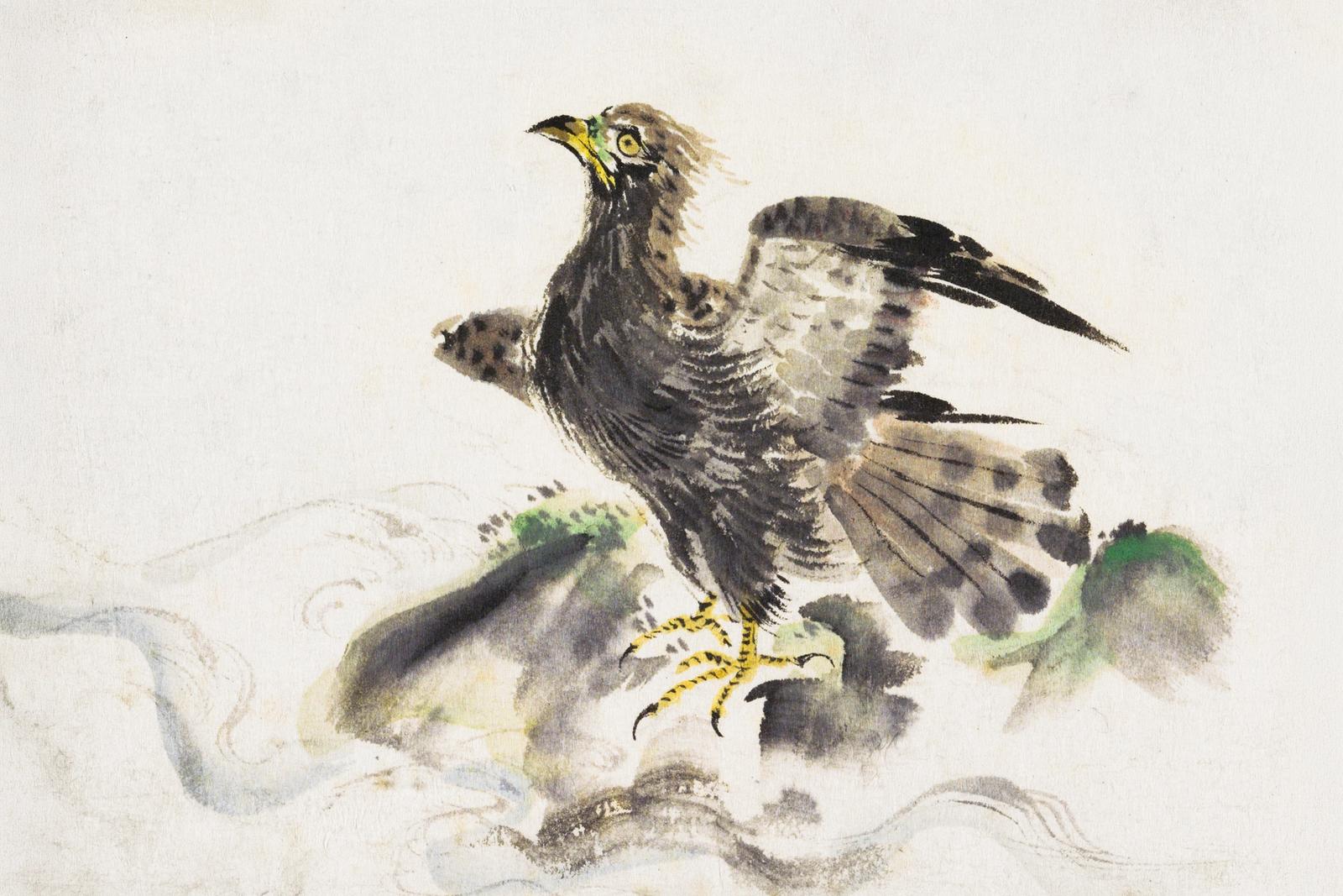 Loose ink wash study of a single bird in sumi-e style